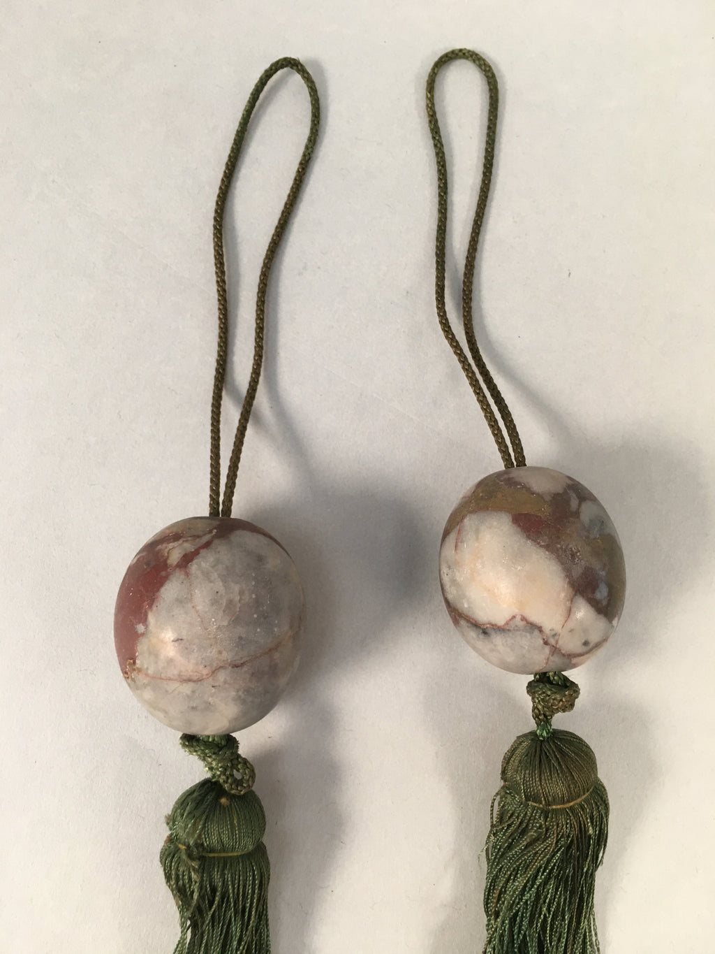 Japanese Hanging Scroll Weights Vtg Fuchin Marble Stone Green Tassel FC262