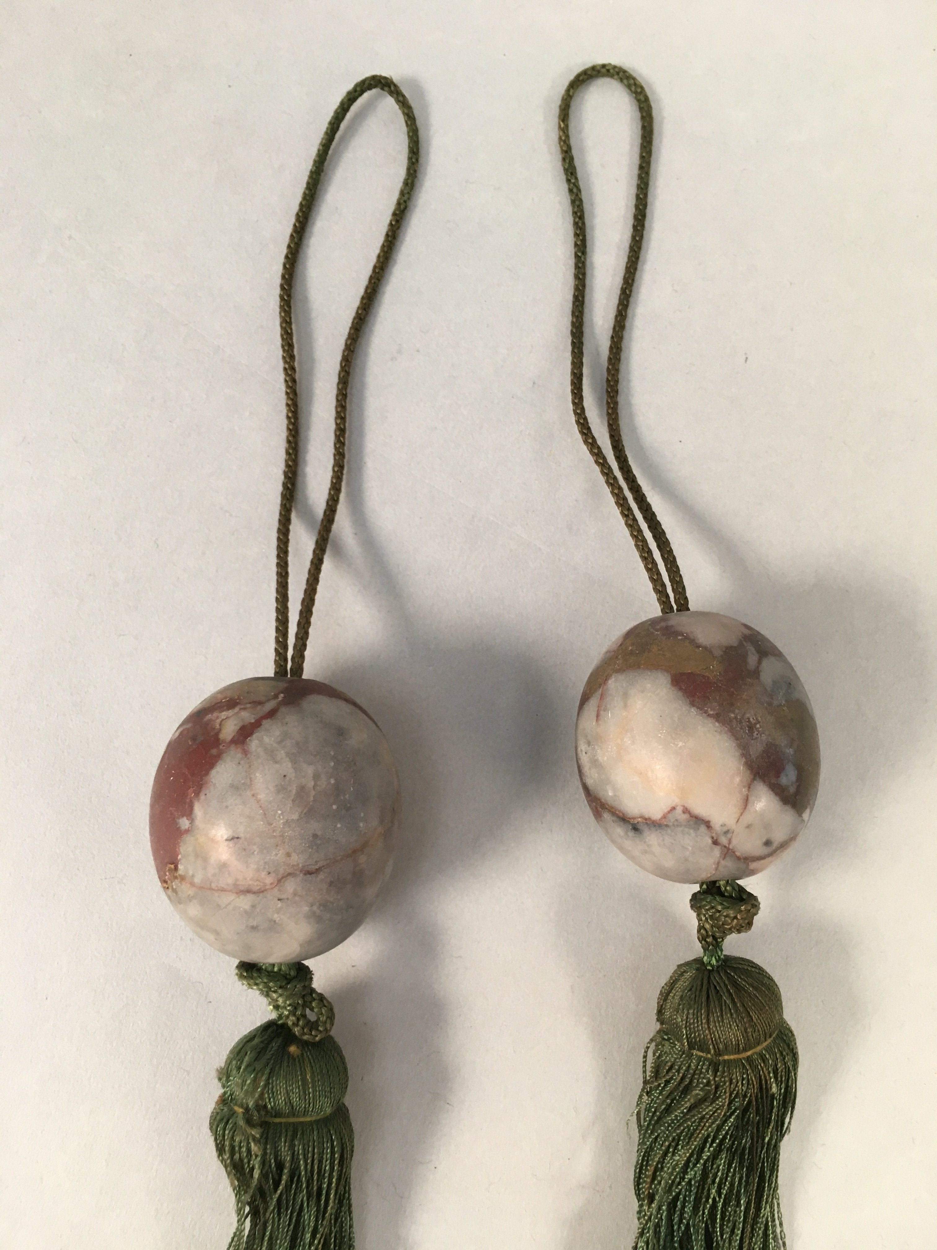 Japanese Hanging Scroll Weights Vtg Fuchin Marble Stone Green Tassel FC262
