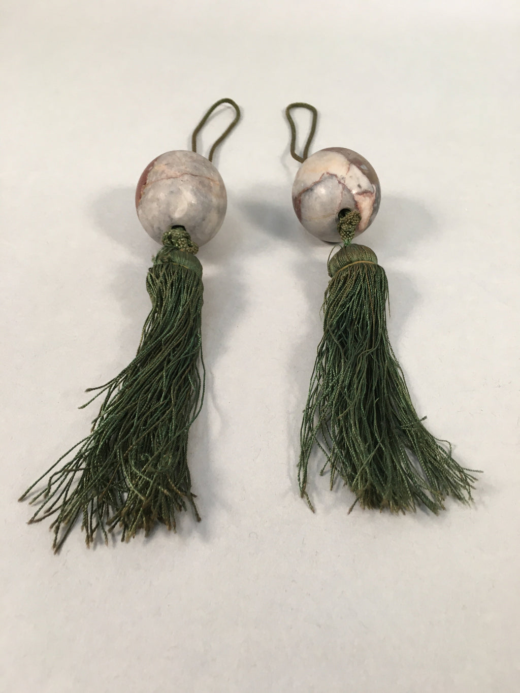 Japanese Hanging Scroll Weights Vtg Fuchin Marble Stone Green Tassel FC262