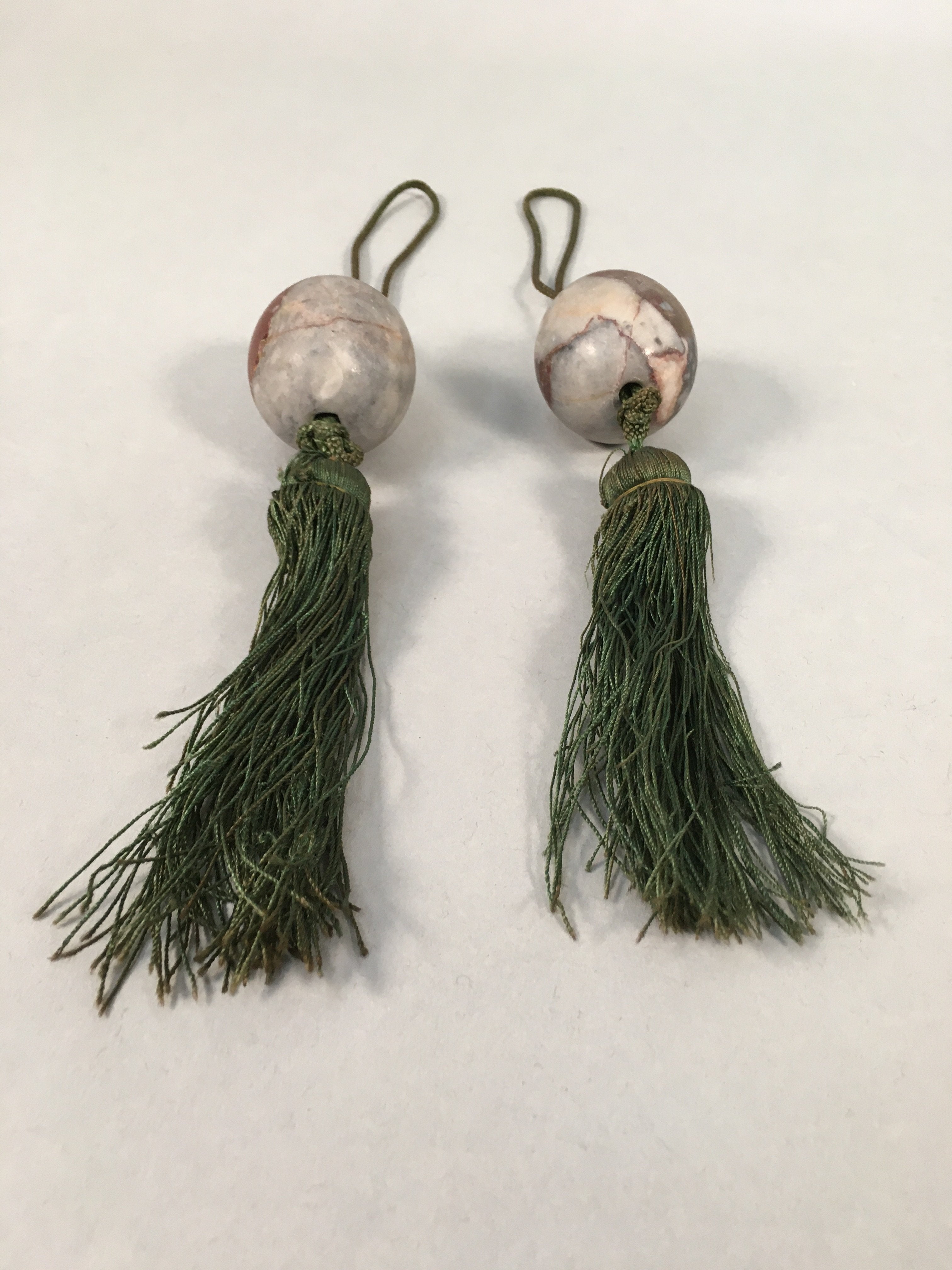 Japanese Hanging Scroll Weights Vtg Fuchin Marble Stone Green Tassel FC262