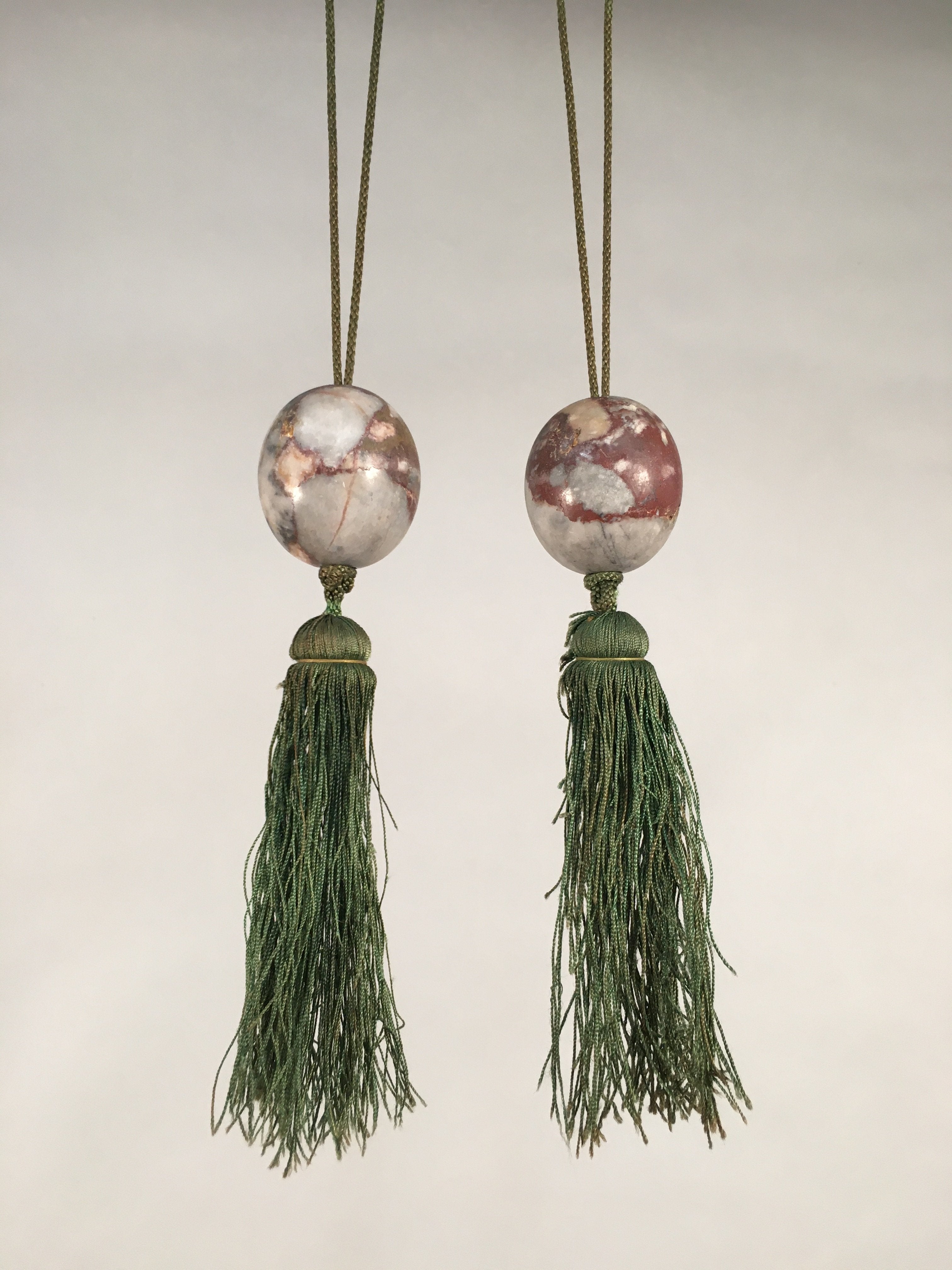 Japanese Hanging Scroll Weights Vtg Fuchin Marble Stone Green Tassel FC262