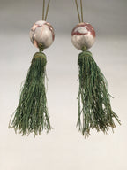 Japanese Hanging Scroll Weights Vtg Fuchin Marble Stone Green Tassel FC262