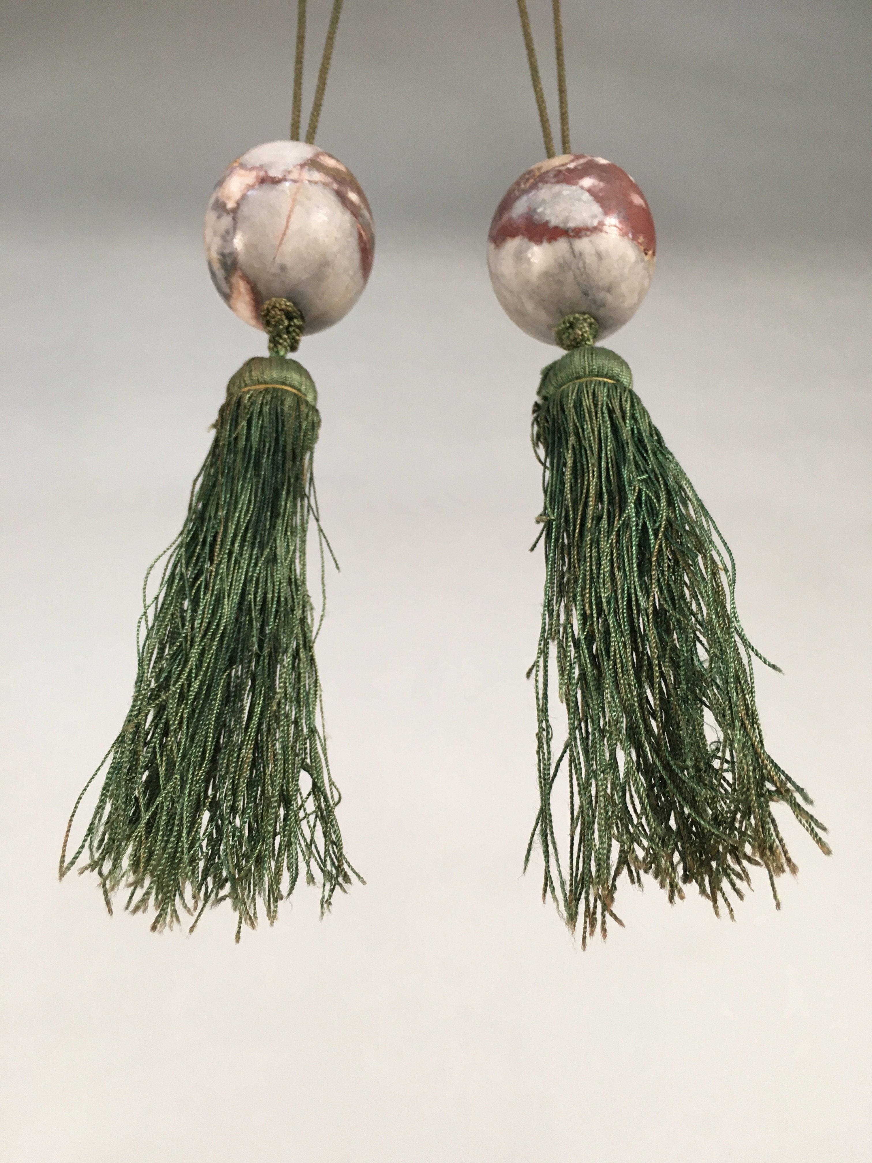 Japanese Hanging Scroll Weights Vtg Fuchin Marble Stone Green Tassel FC262
