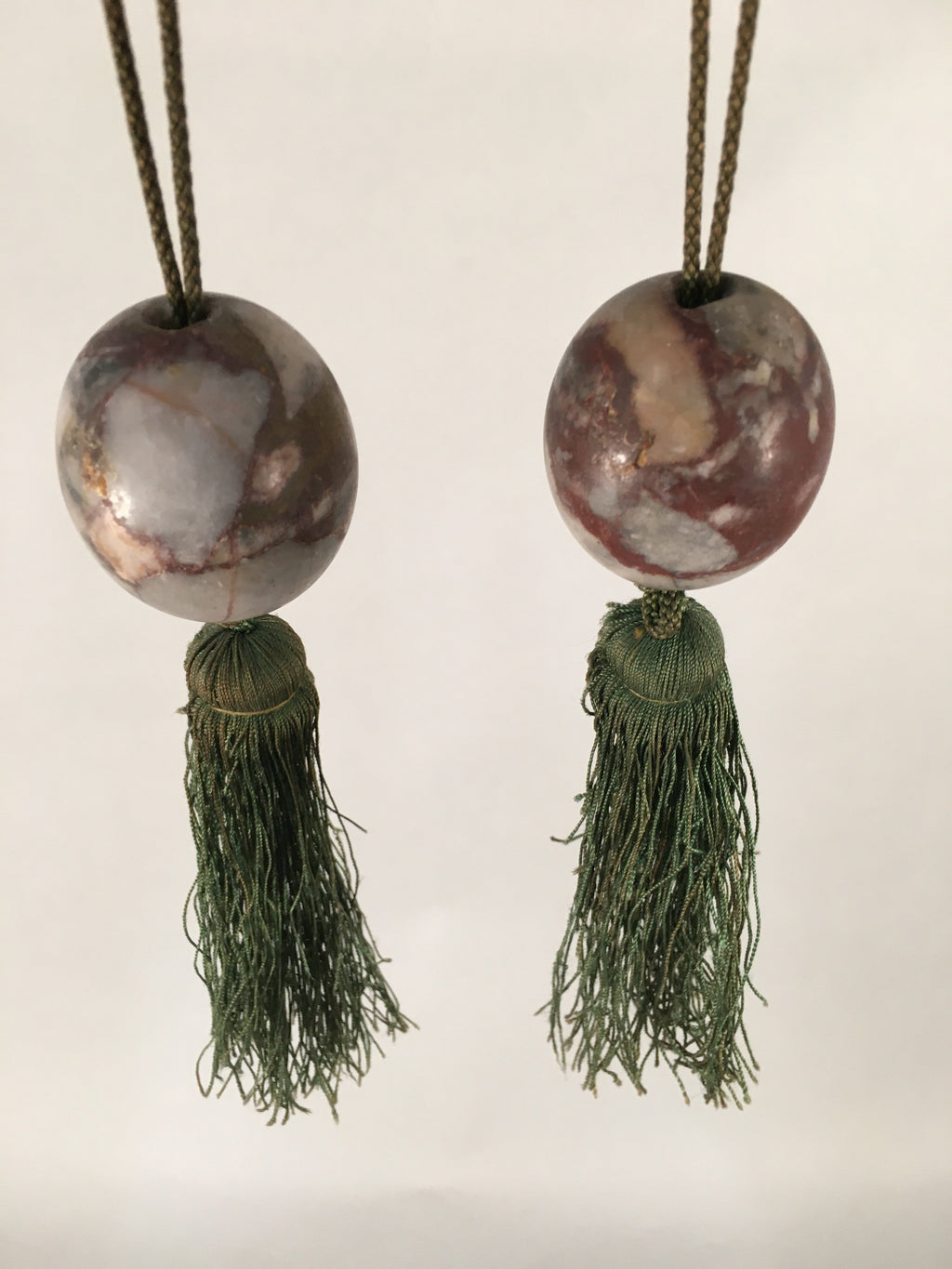 Japanese Hanging Scroll Weights Vtg Fuchin Marble Stone Green Tassel FC262