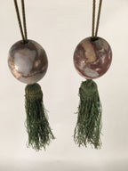 Japanese Hanging Scroll Weights Vtg Fuchin Marble Stone Green Tassel FC262