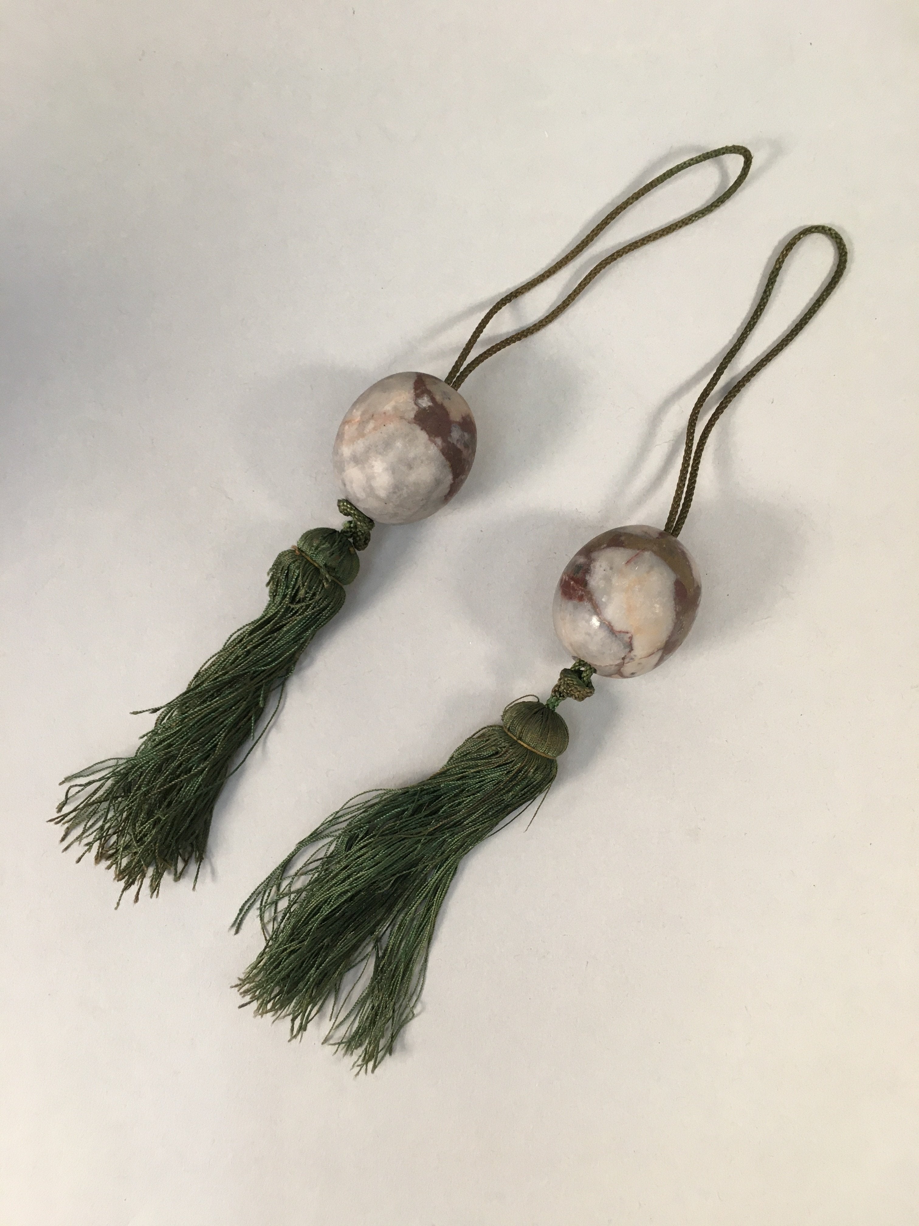 Japanese Hanging Scroll Weights Vtg Fuchin Marble Stone Green Tassel FC262