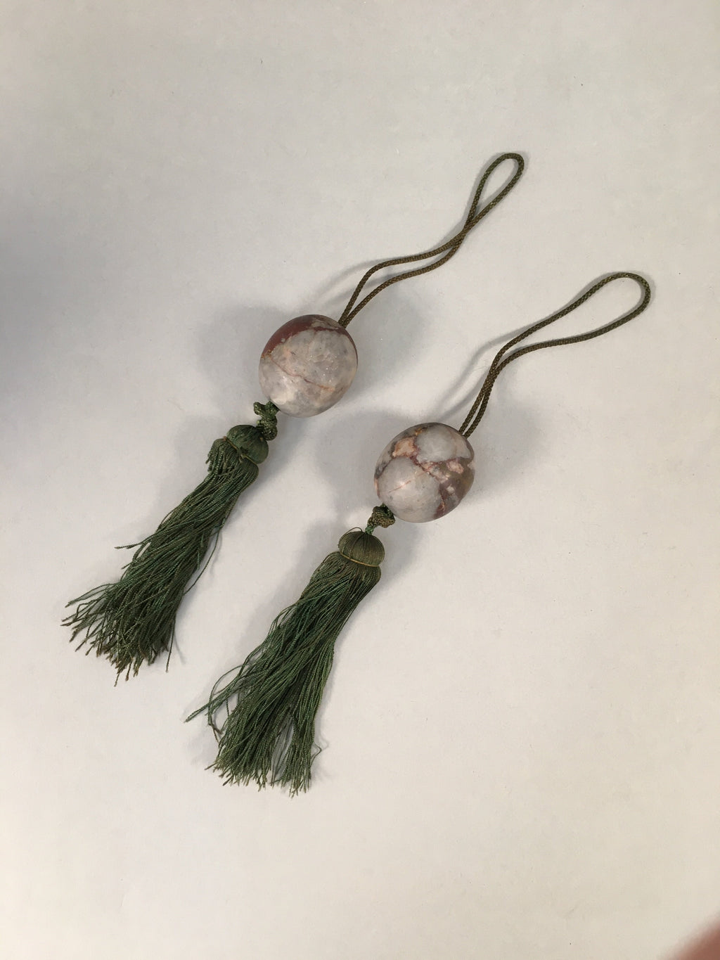 Japanese Hanging Scroll Weights Vtg Fuchin Marble Stone Green Tassel FC262