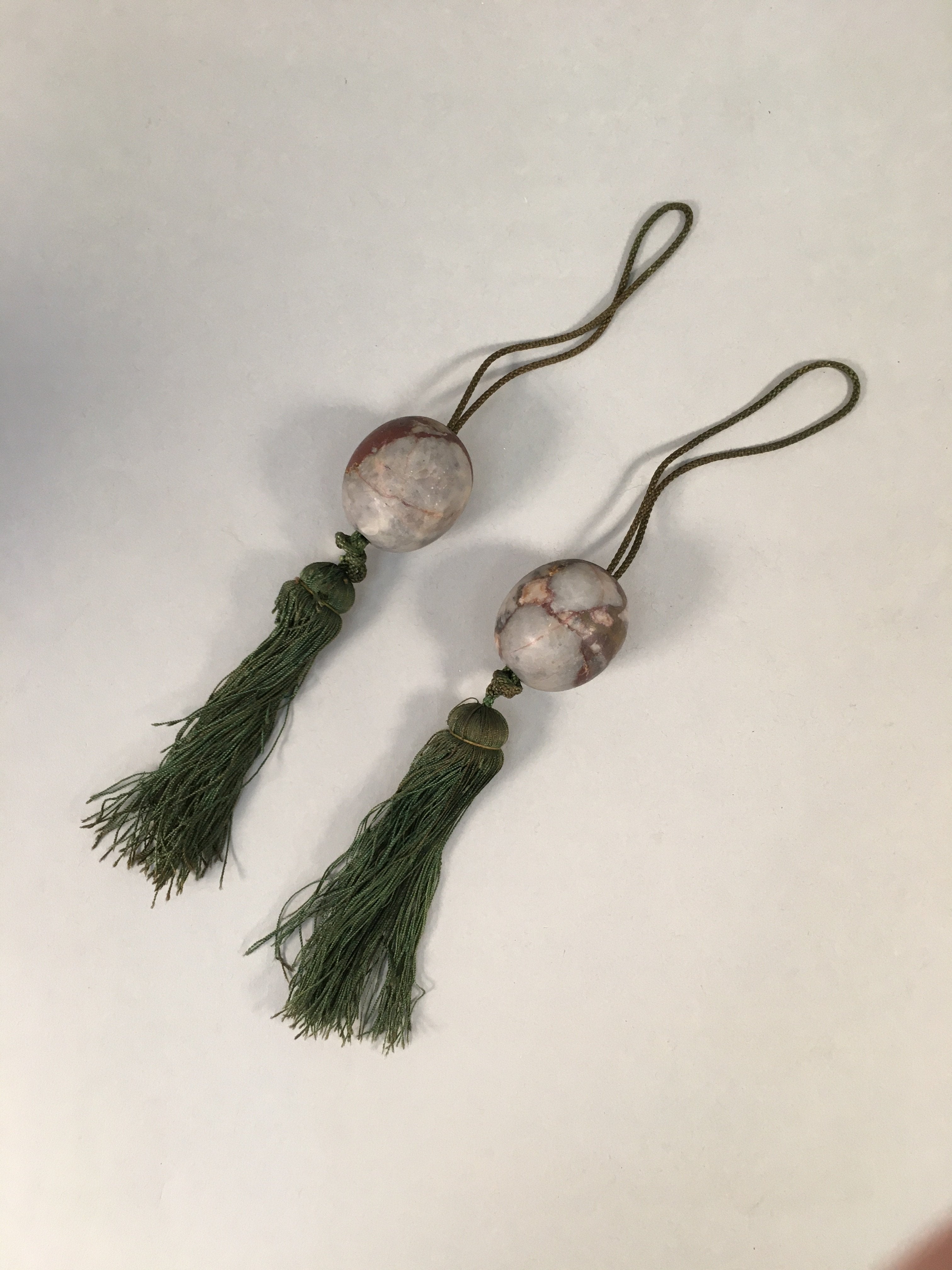Japanese Hanging Scroll Weights Vtg Fuchin Marble Stone Green Tassel FC262