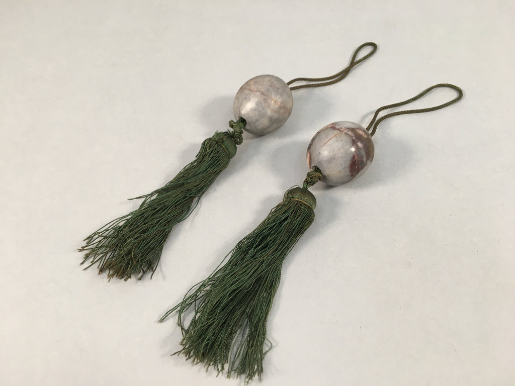 Japanese Hanging Scroll Weights Vtg Fuchin Marble Stone Green Tassel FC262