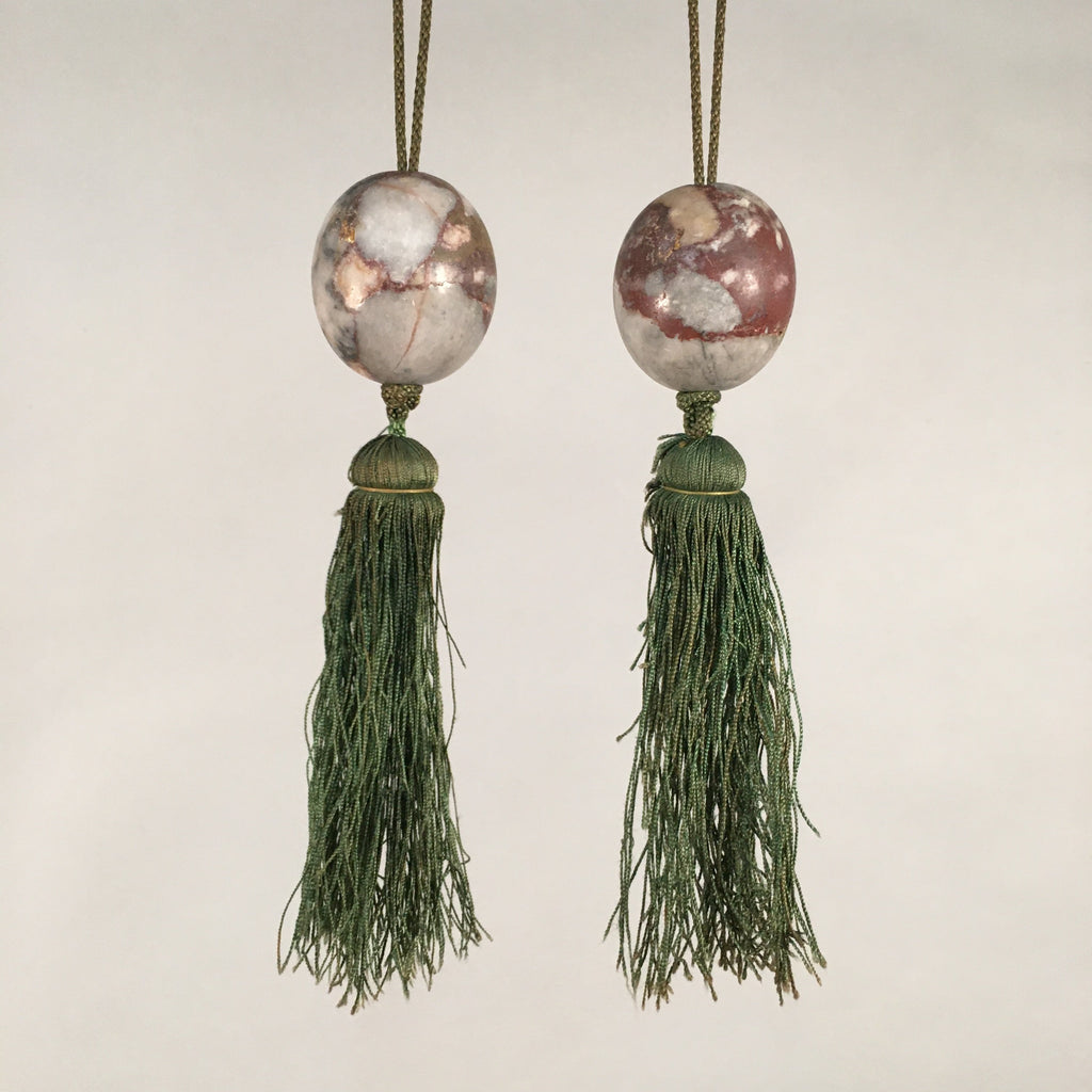 Japanese Hanging Scroll Weights Vtg Fuchin Marble Stone Green Tassel FC262