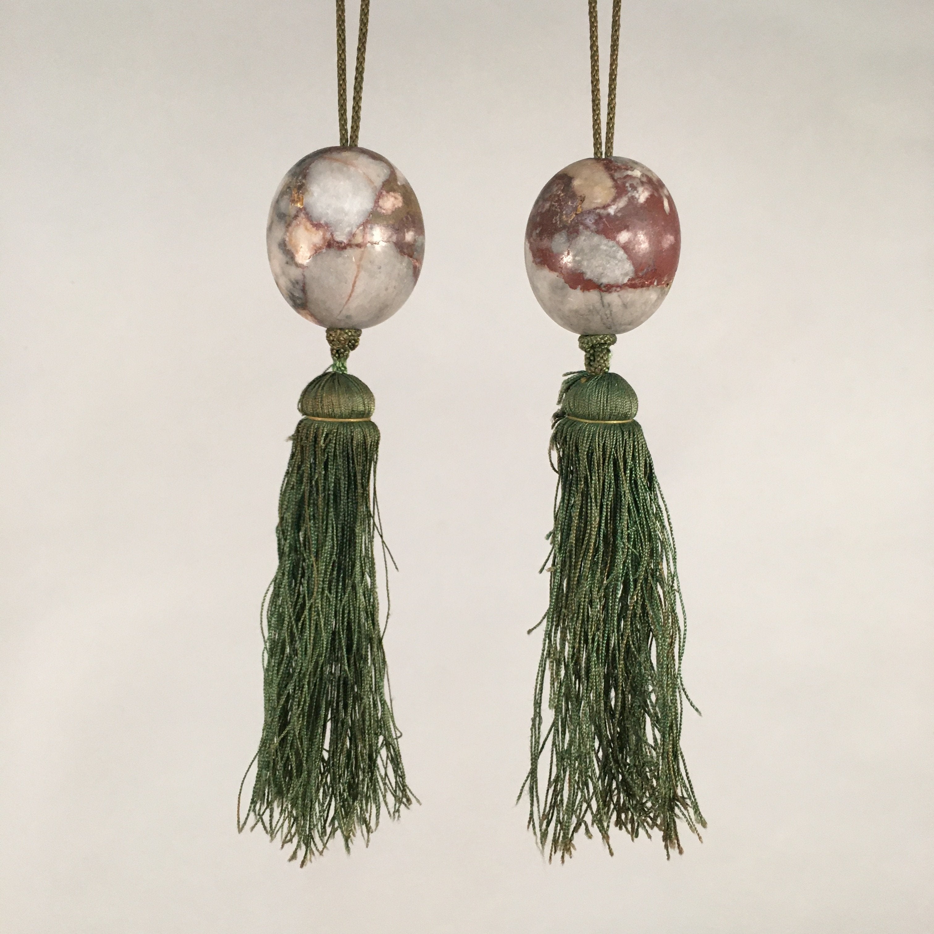Japanese Hanging Scroll Weights Vtg Fuchin Marble Stone Green Tassel FC262