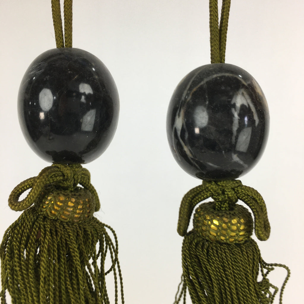 Japanese Hanging Scroll Weights Vtg Fuchin Marble Stone Green Tassel FC269