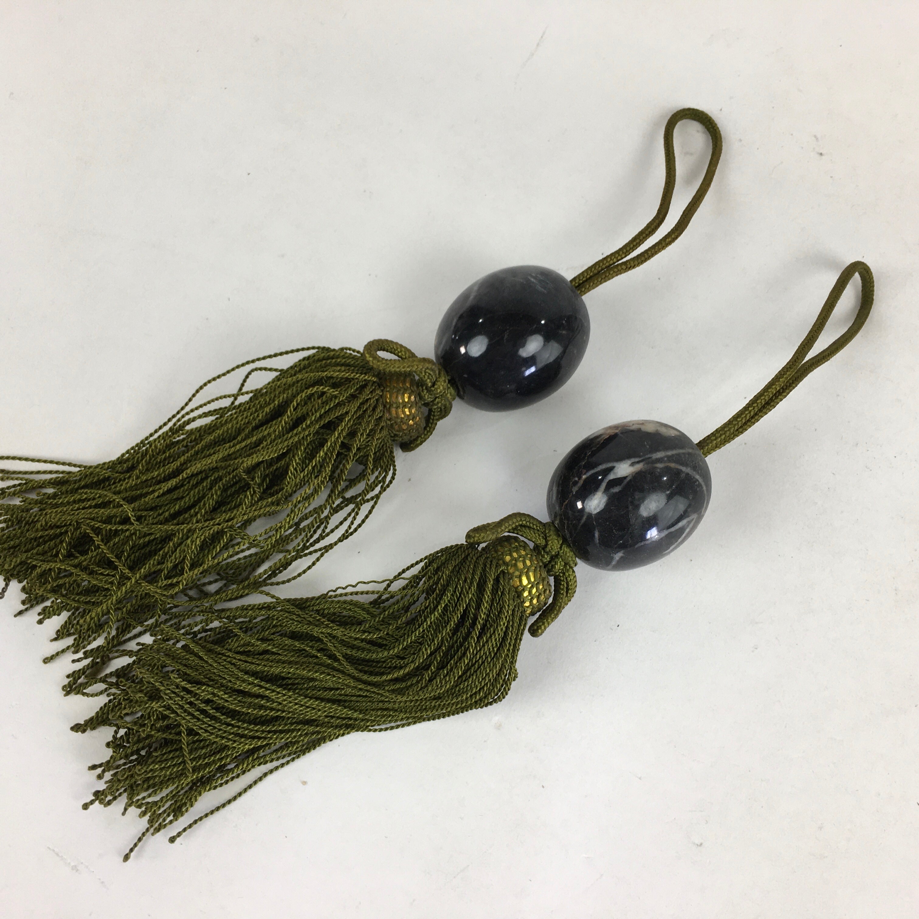 Japanese Hanging Scroll Weights Vtg Fuchin Marble Stone Green Tassel FC269