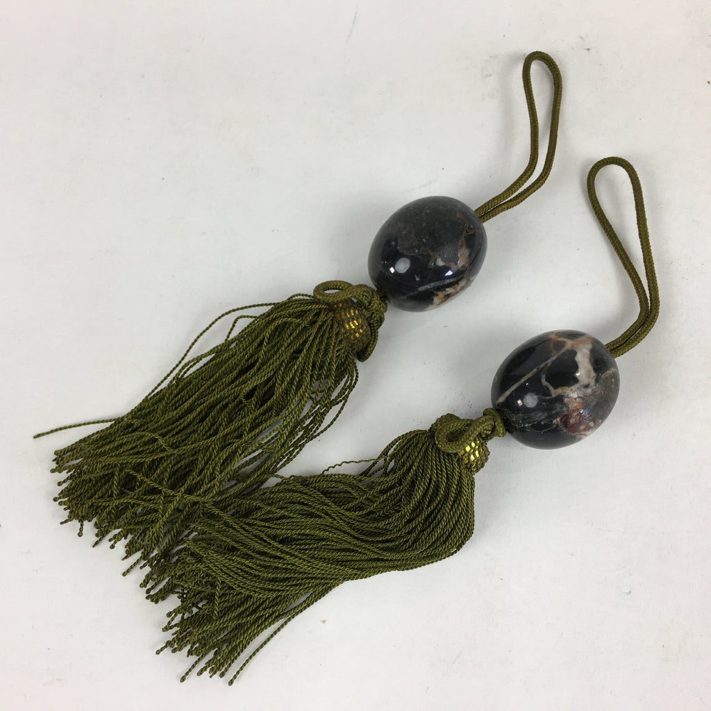 Japanese Hanging Scroll Weights Vtg Fuchin Marble Stone Green Tassel FC269