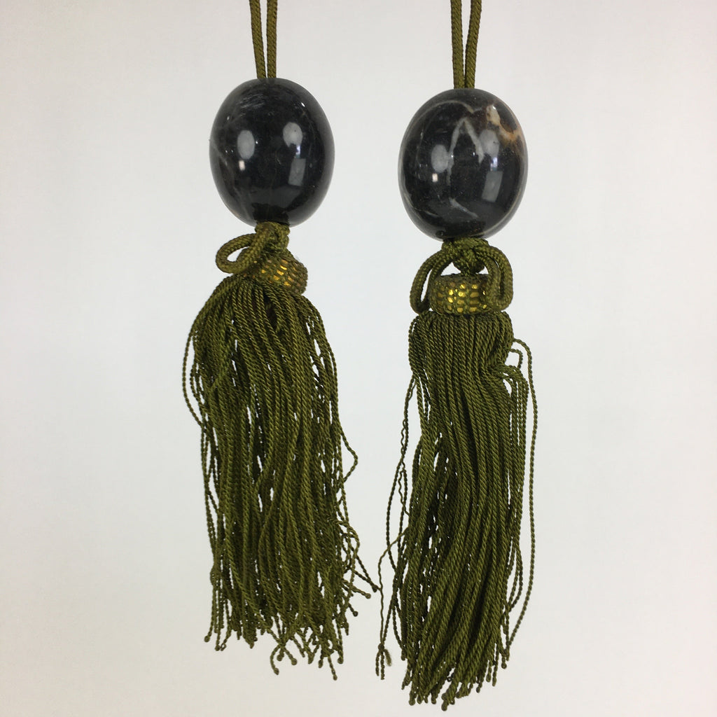 Japanese Hanging Scroll Weights Vtg Fuchin Marble Stone Green Tassel FC269