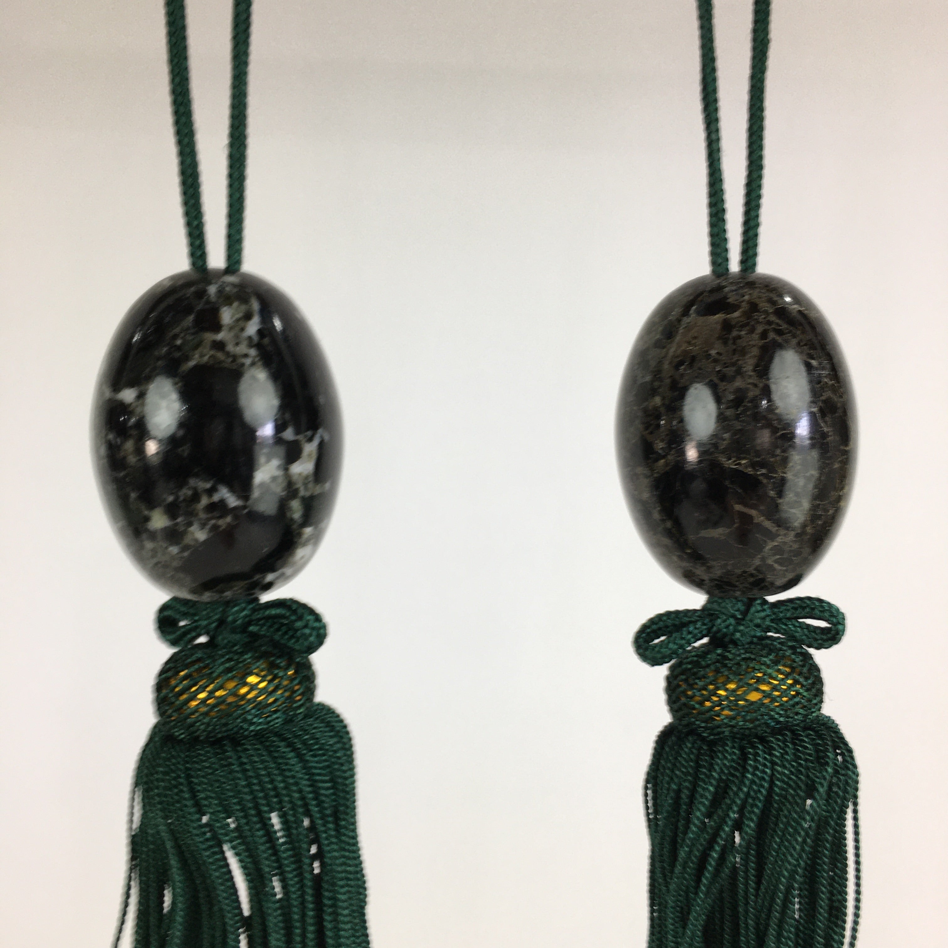 Japanese Hanging Scroll Weights Vtg Fuchin Marble Stone Green Tassel FC282