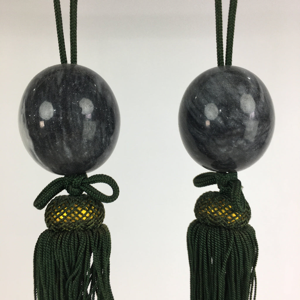 Japanese Hanging Scroll Weights Vtg Fuchin Marble Stone Green Tassel FC286