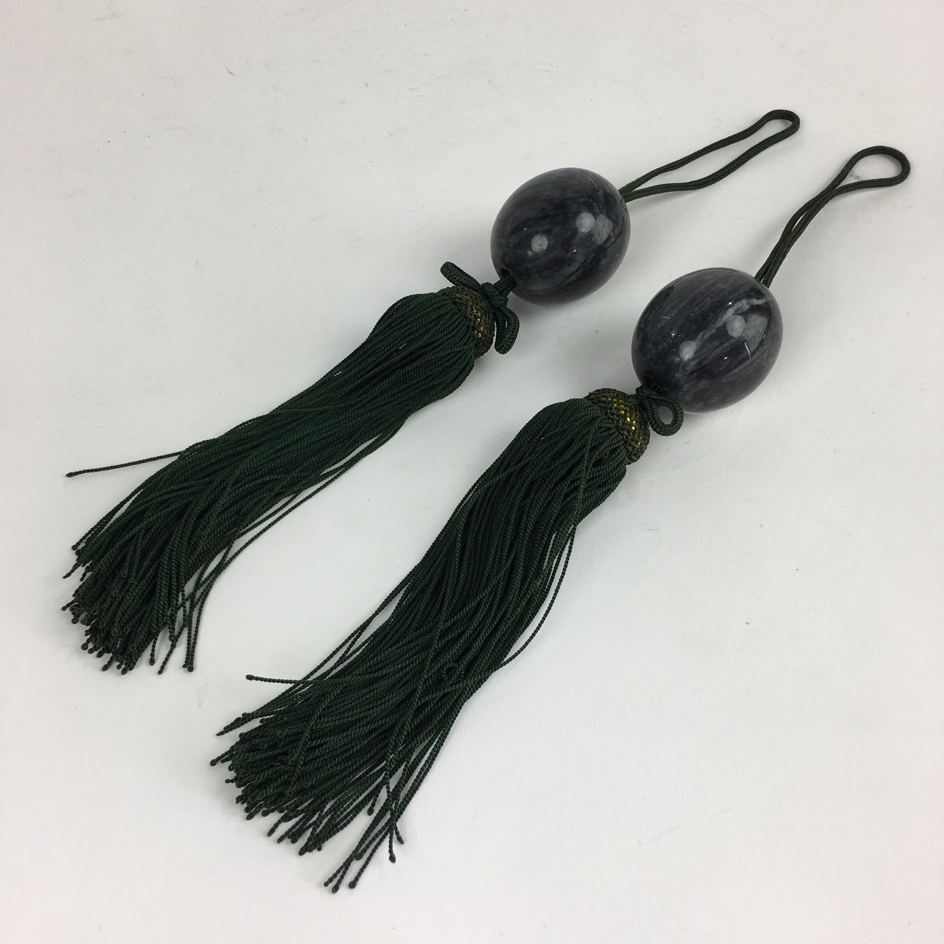 Japanese Hanging Scroll Weights Vtg Fuchin Marble Stone Green Tassel FC286