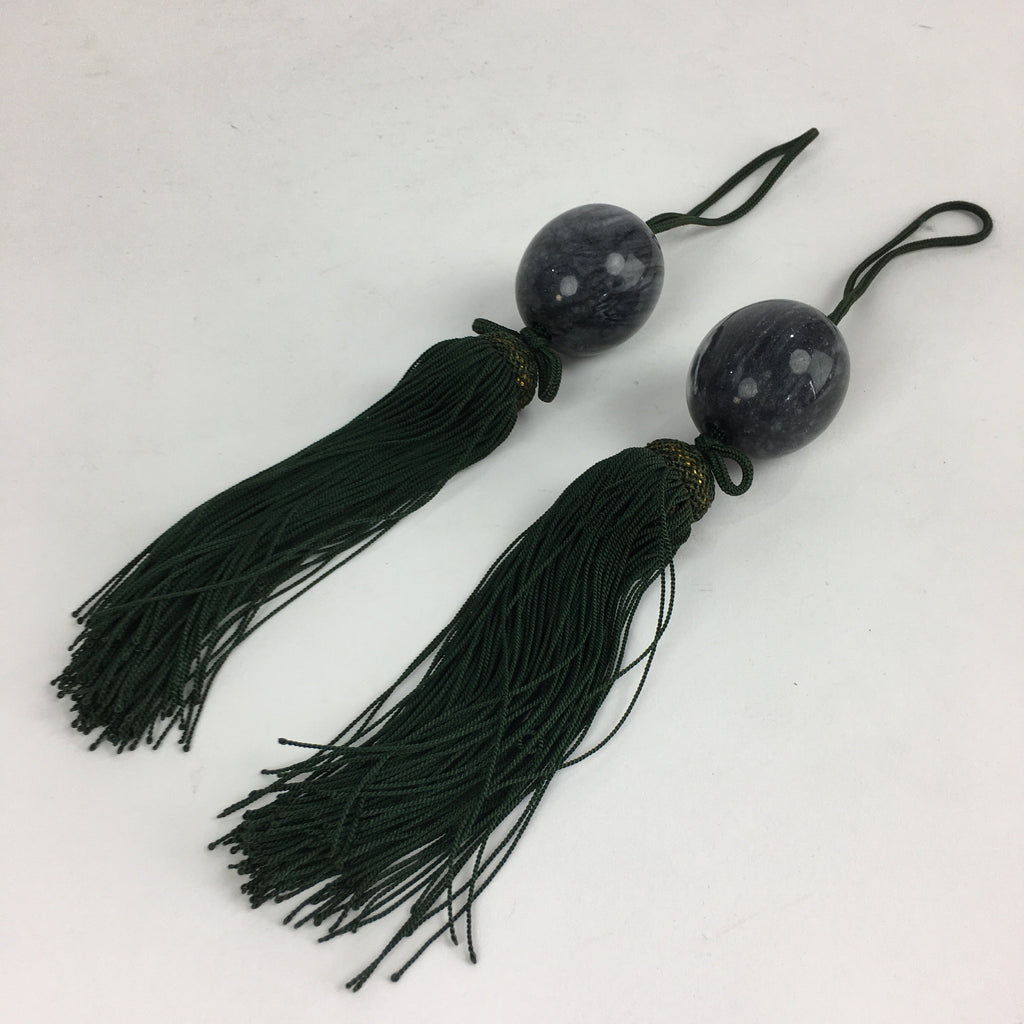Japanese Hanging Scroll Weights Vtg Fuchin Marble Stone Green Tassel FC286