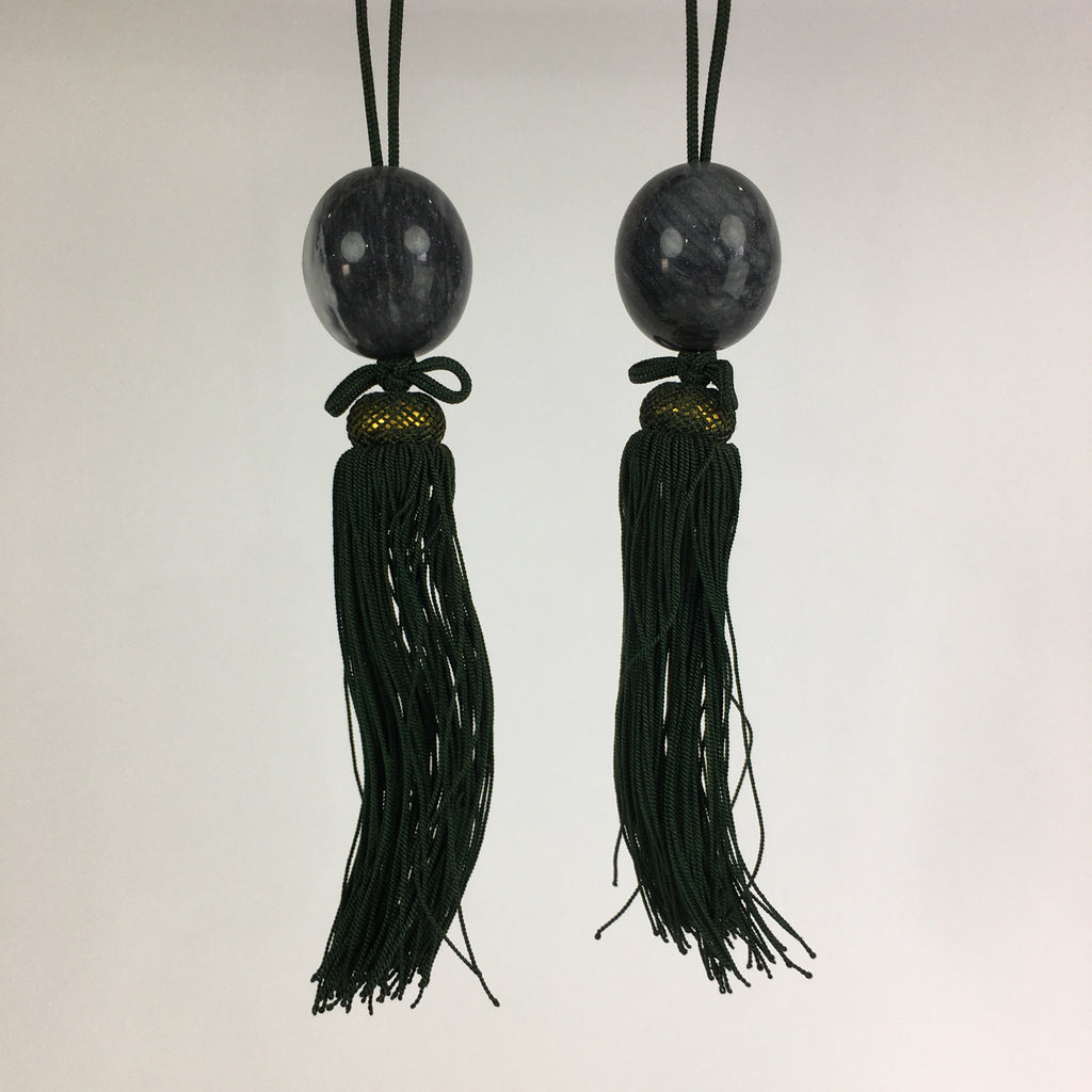 Japanese Hanging Scroll Weights Vtg Fuchin Marble Stone Green Tassel FC286