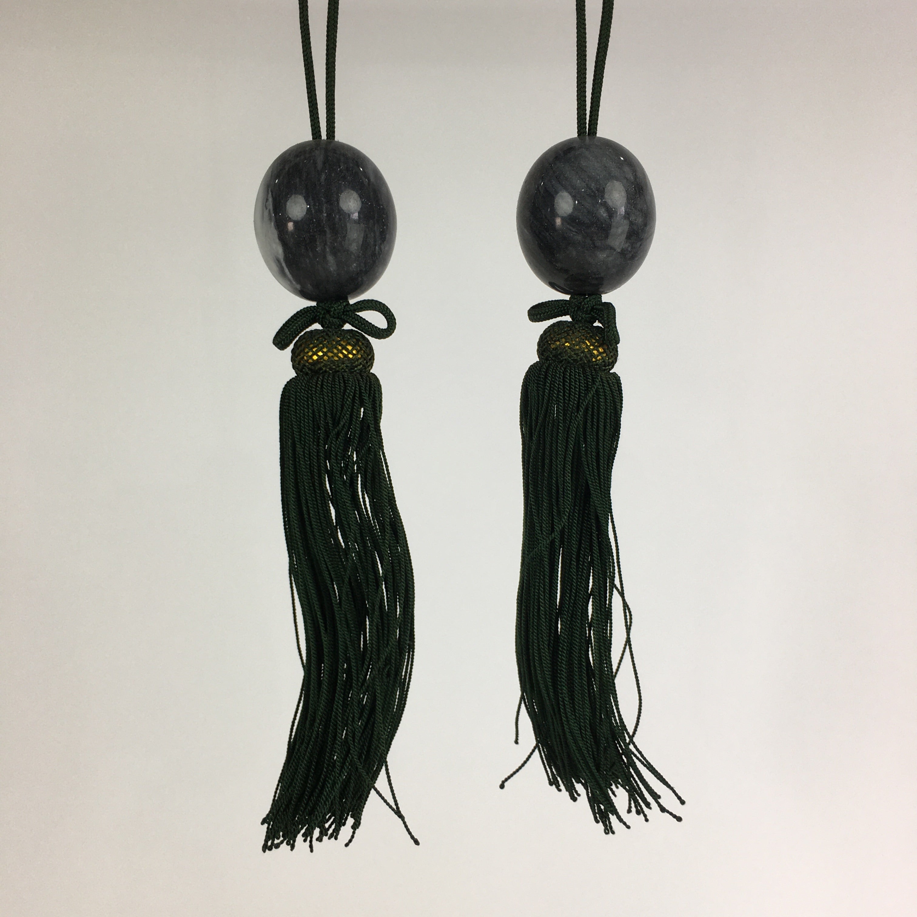 Japanese Hanging Scroll Weights Vtg Fuchin Marble Stone Green Tassel FC286