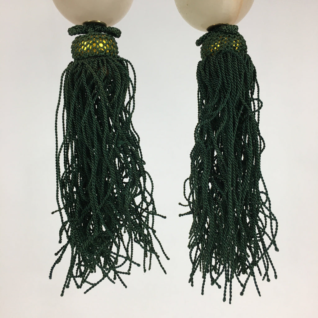 Japanese Hanging Scroll Weights Vtg Fuchin Marble Stone Green Tassel FC290