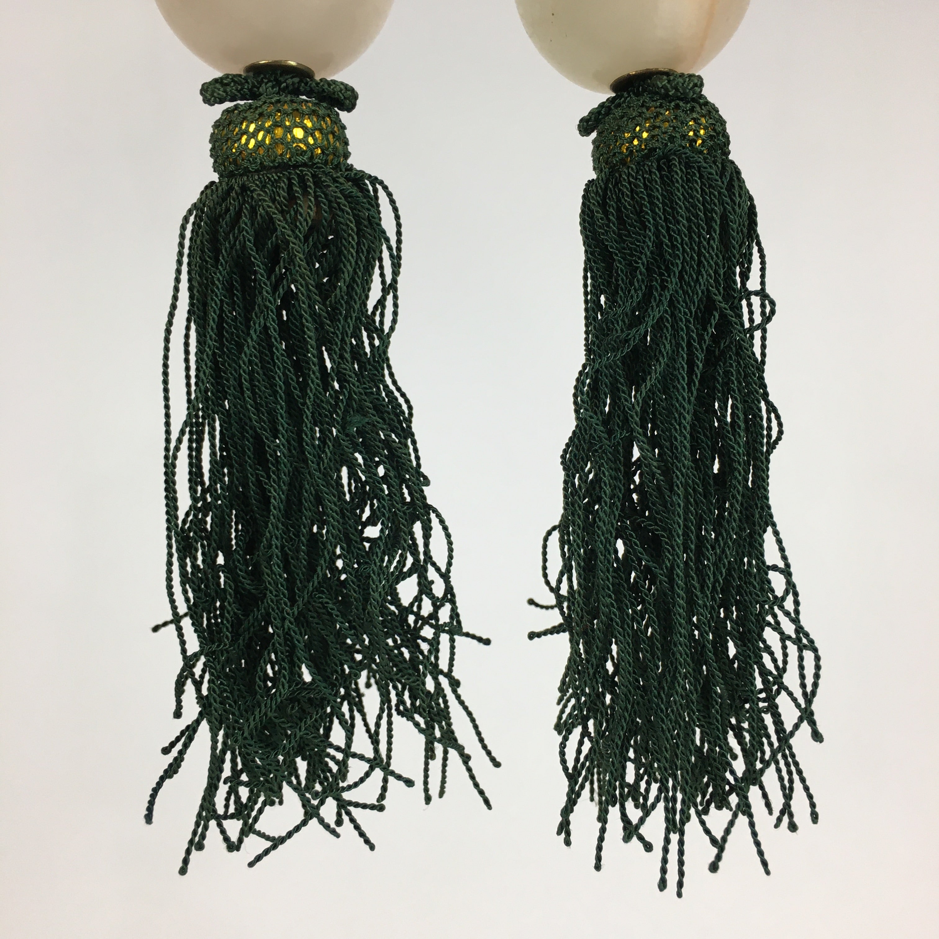 Japanese Hanging Scroll Weights Vtg Fuchin Marble Stone Green Tassel FC290