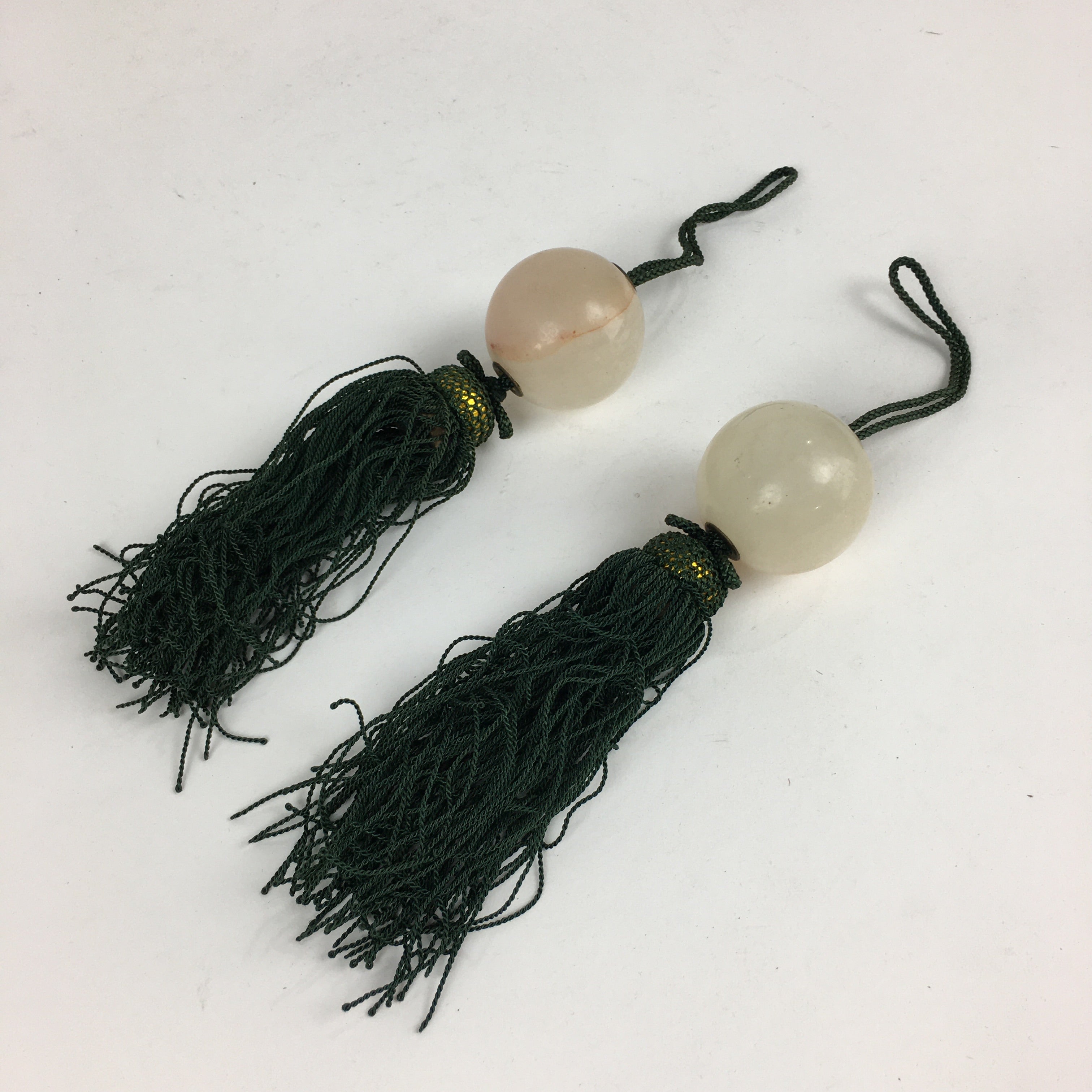 Japanese Hanging Scroll Weights Vtg Fuchin Marble Stone Green Tassel FC290