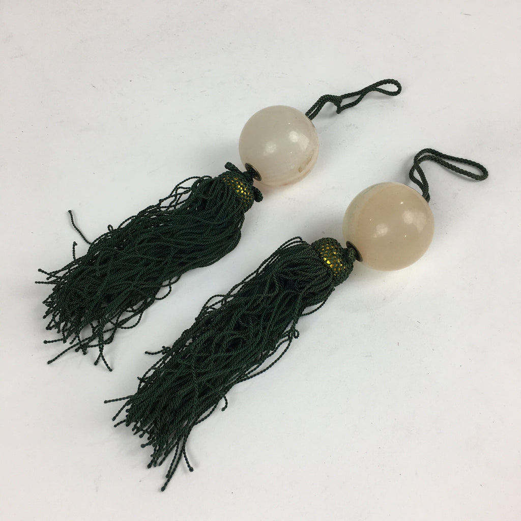 Japanese Hanging Scroll Weights Vtg Fuchin Marble Stone Green Tassel FC290