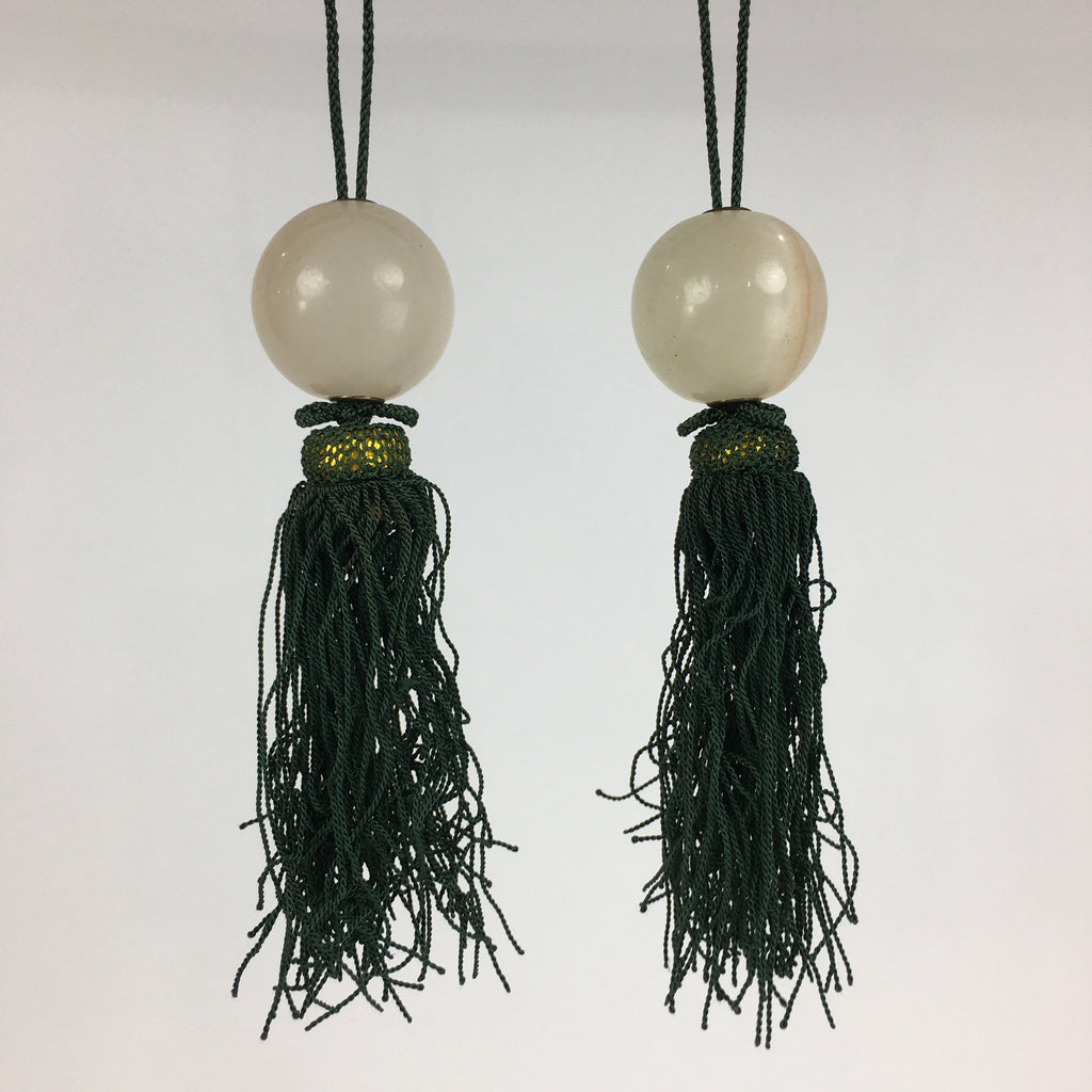Japanese Hanging Scroll Weights Vtg Fuchin Marble Stone Green Tassel FC290