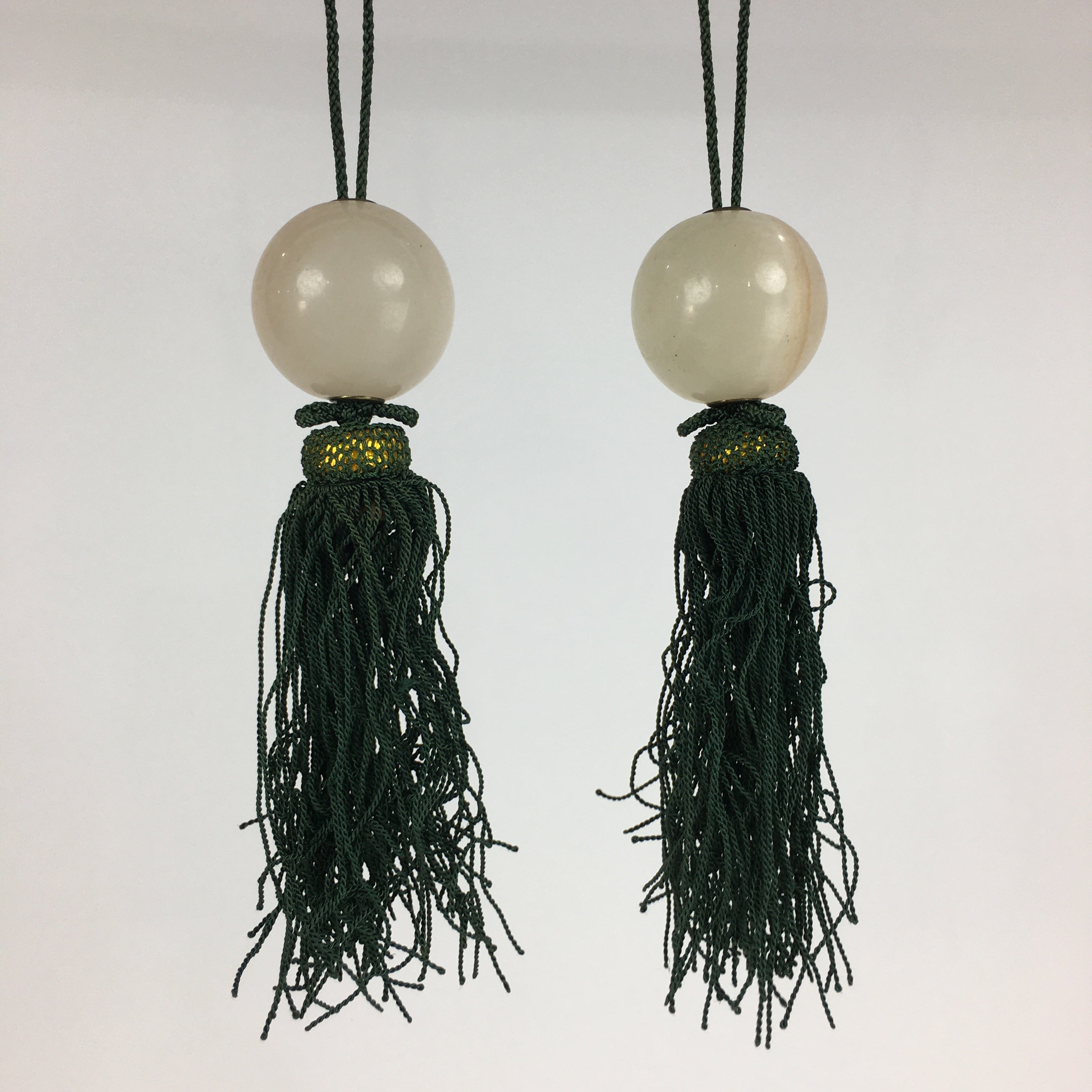 Japanese Hanging Scroll Weights Vtg Fuchin Marble Stone Green Tassel FC290