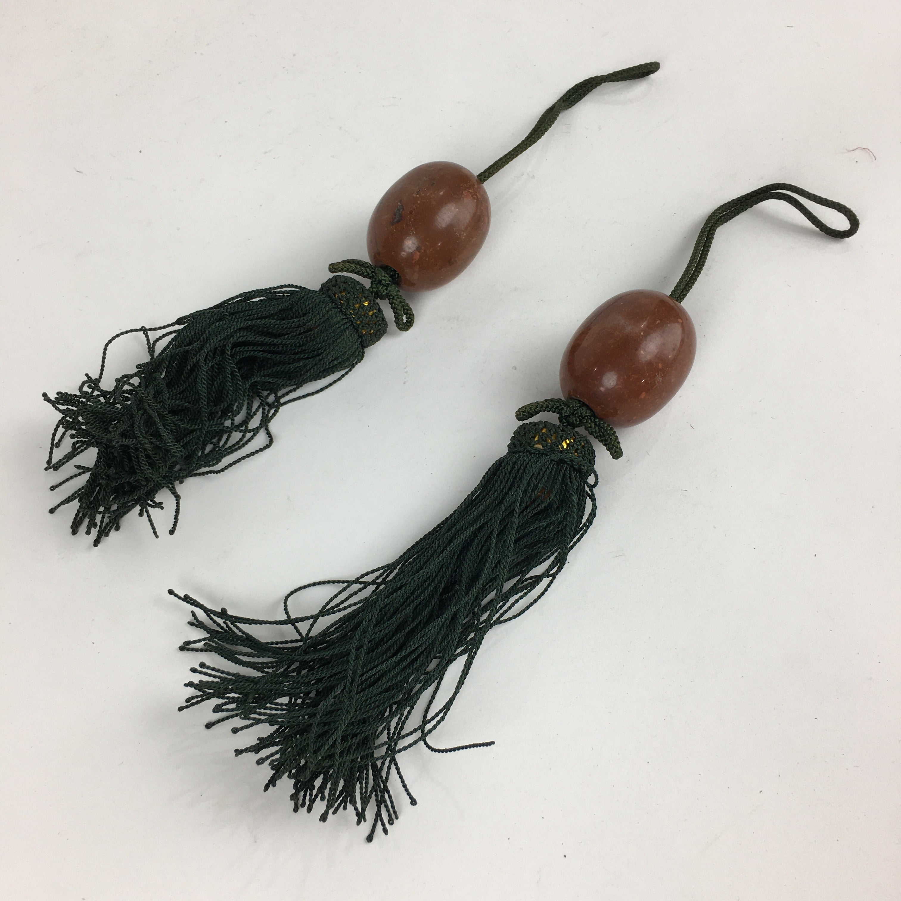 Japanese Hanging Scroll Weights Vtg Fuchin Marble Stone Green Tassel FC292