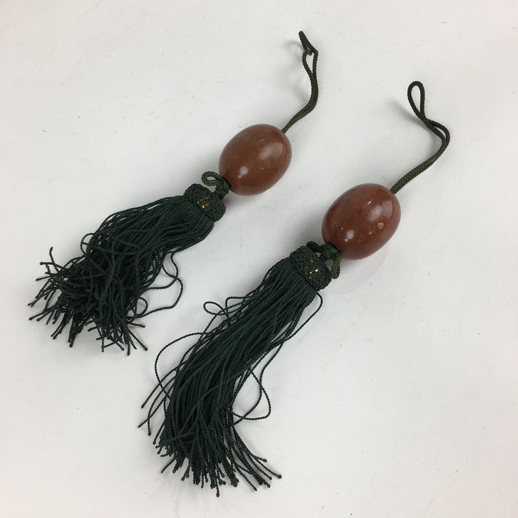 Japanese Hanging Scroll Weights Vtg Fuchin Marble Stone Green Tassel FC292
