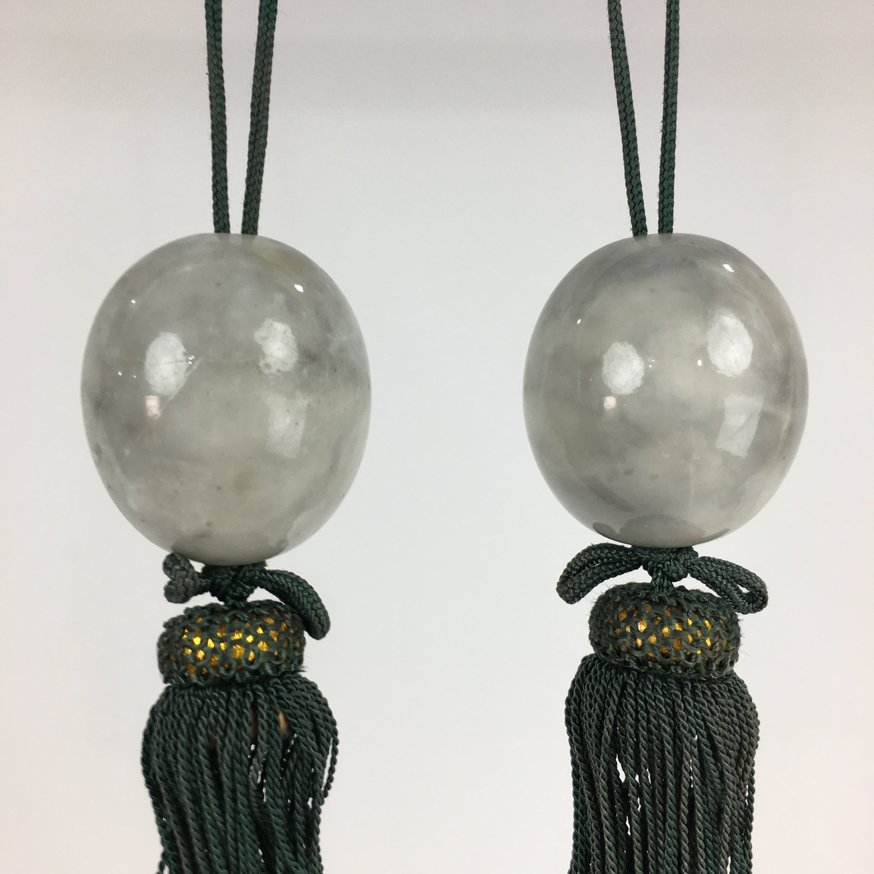 Japanese Hanging Scroll Weights Vtg Fuchin Marble Stone Green Tassel FC294