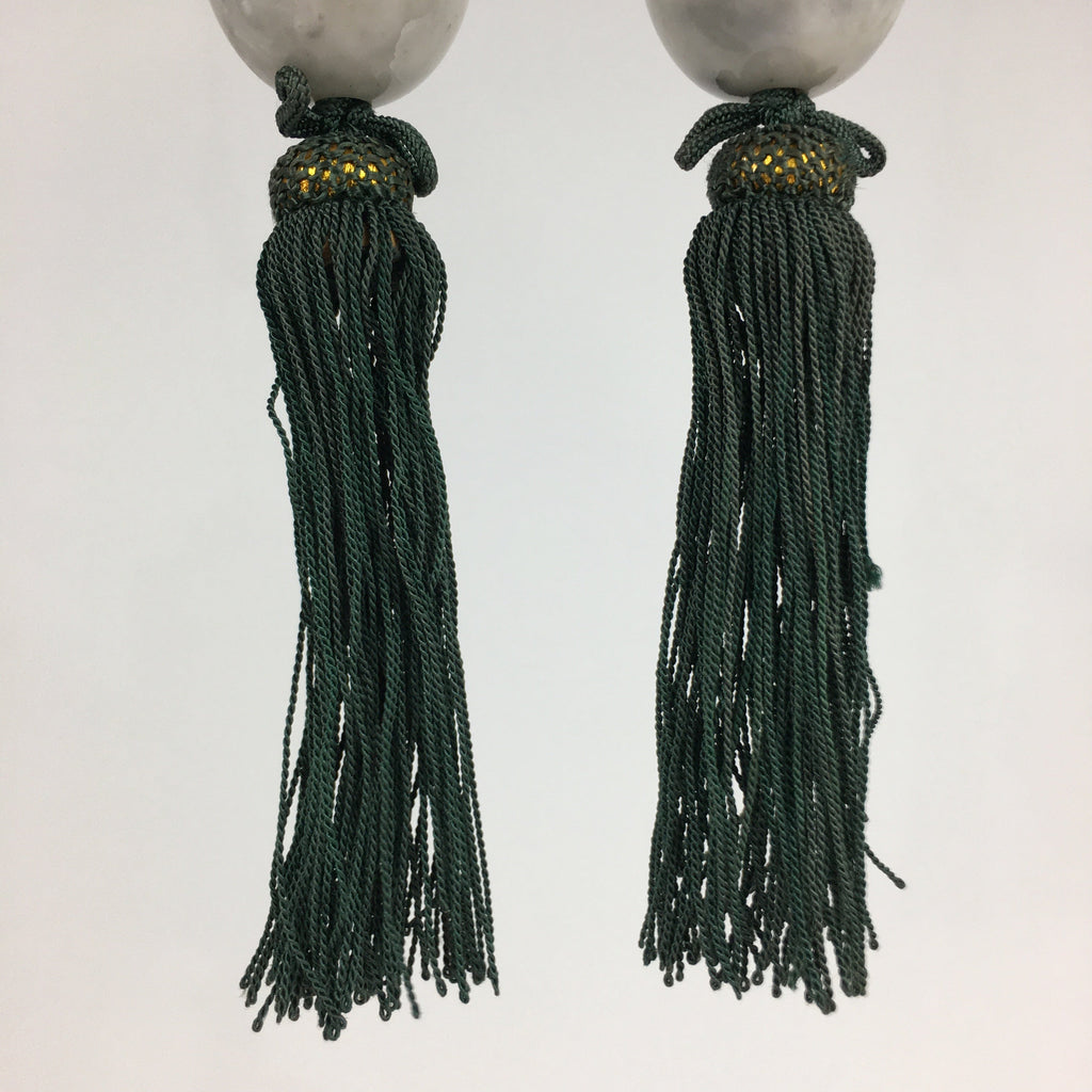 Japanese Hanging Scroll Weights Vtg Fuchin Marble Stone Green Tassel FC294