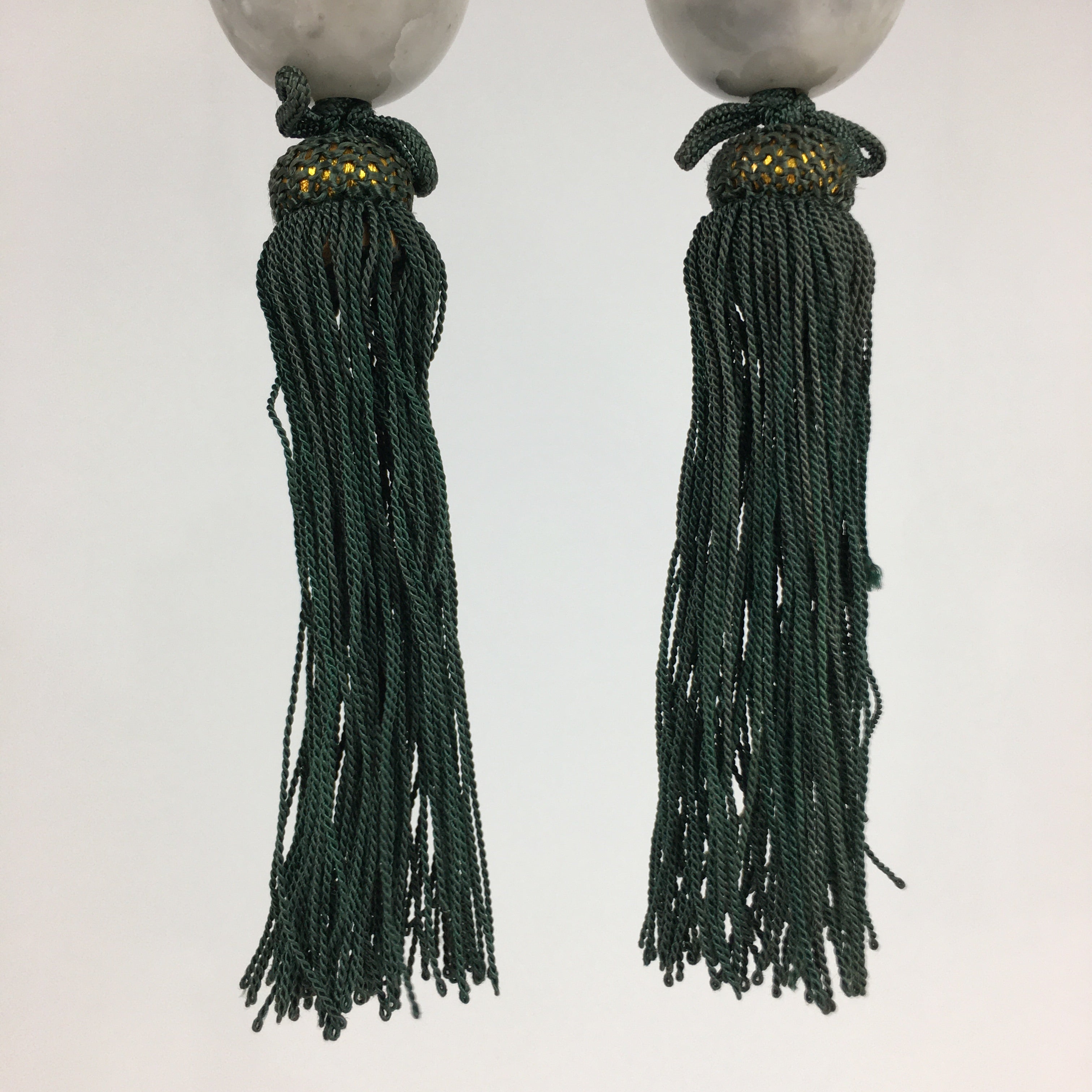 Japanese Hanging Scroll Weights Vtg Fuchin Marble Stone Green Tassel FC294