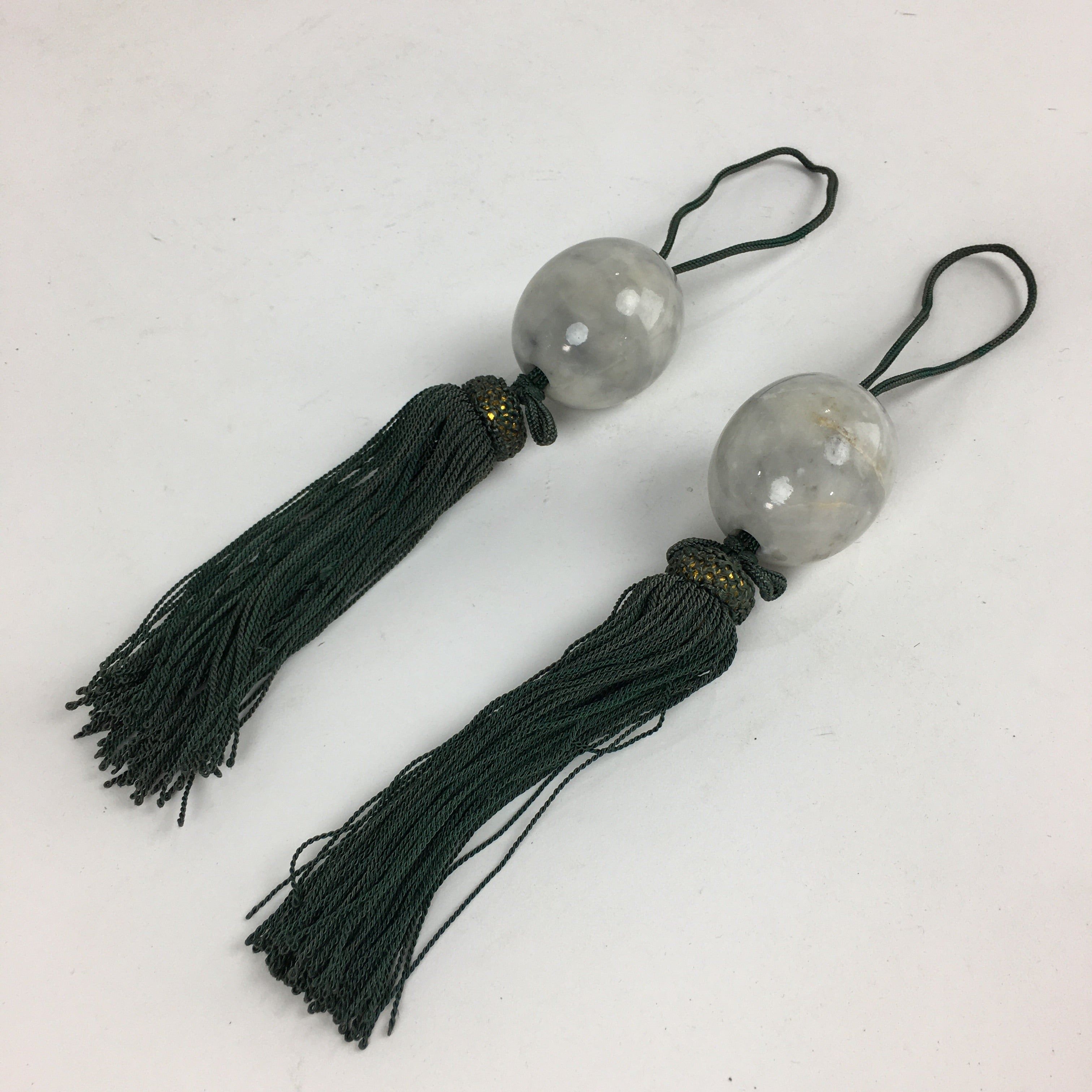 Japanese Hanging Scroll Weights Vtg Fuchin Marble Stone Green Tassel FC294