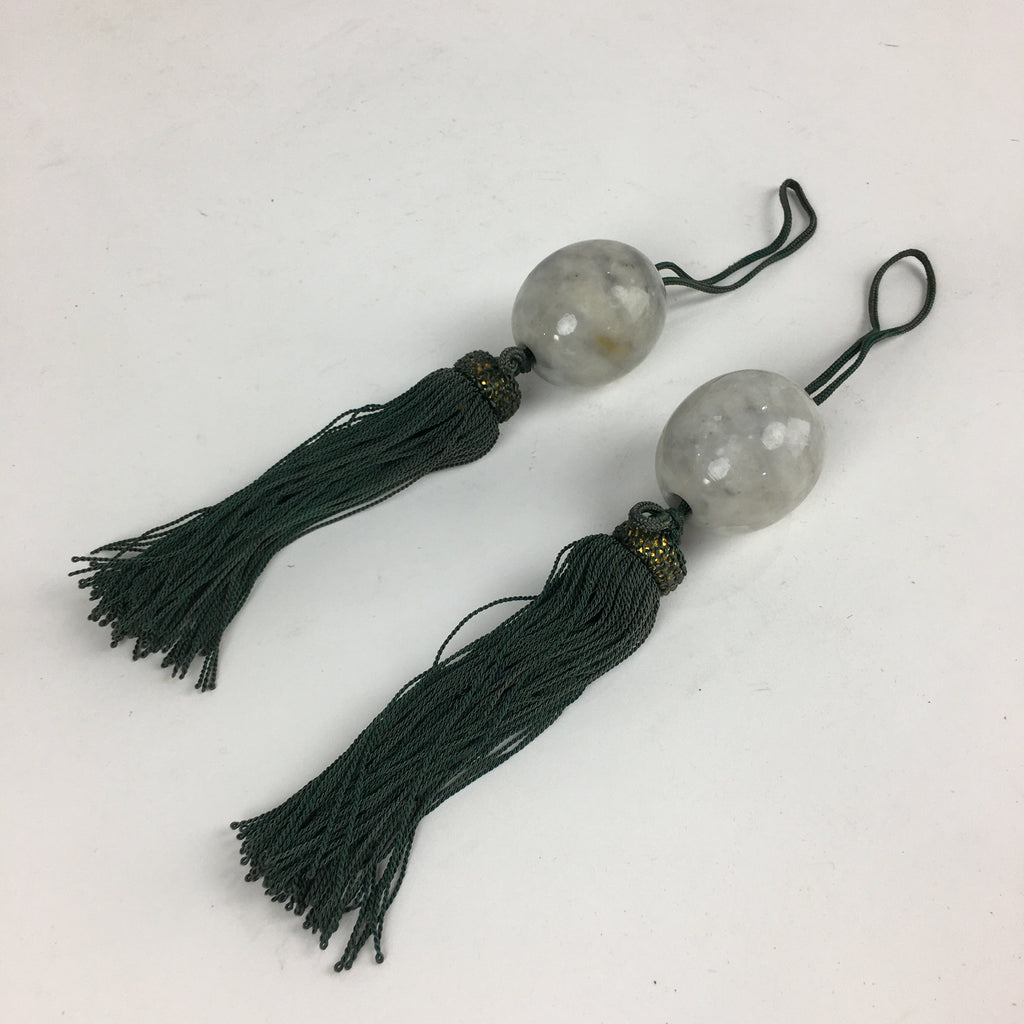 Japanese Hanging Scroll Weights Vtg Fuchin Marble Stone Green Tassel FC294