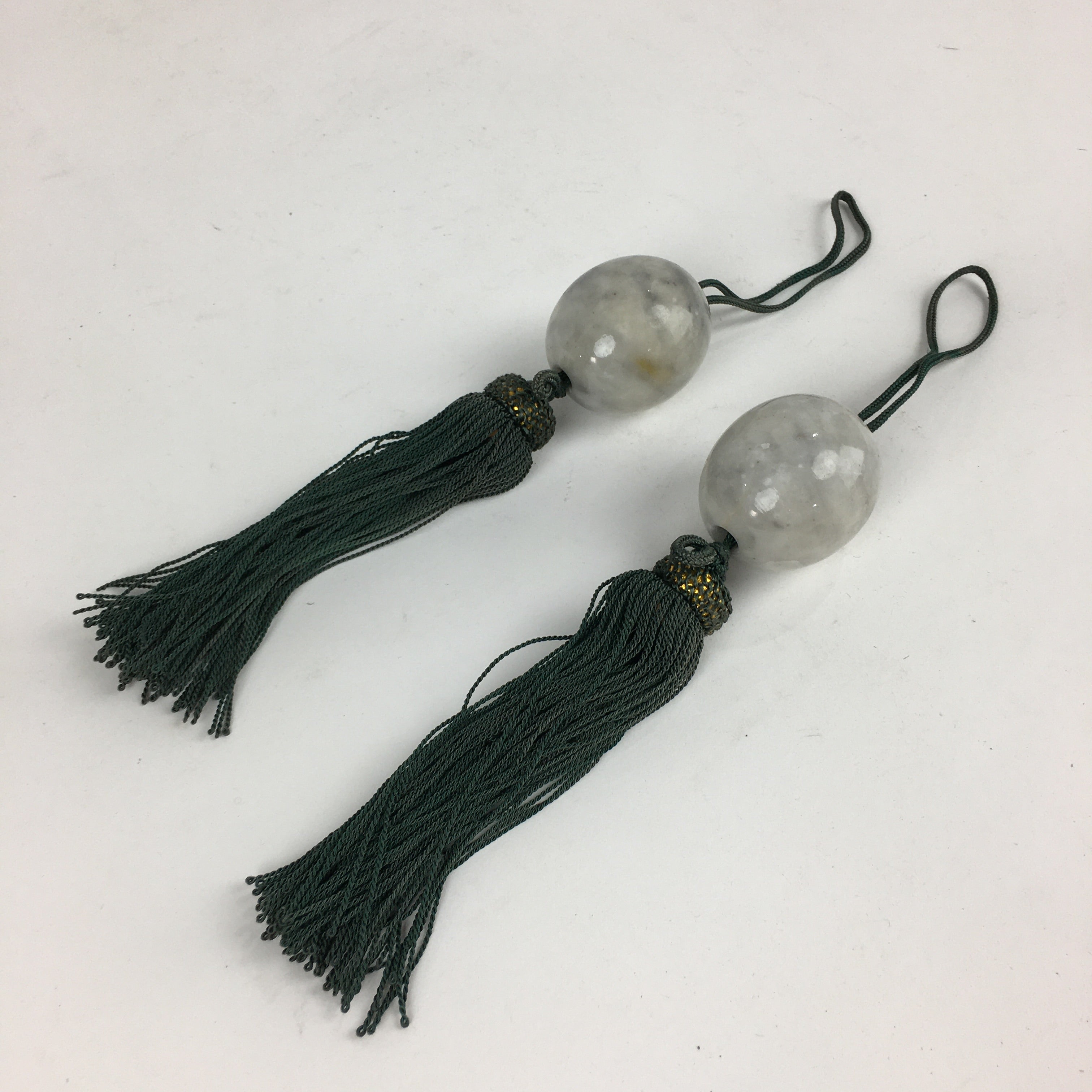 Japanese Hanging Scroll Weights Vtg Fuchin Marble Stone Green Tassel FC294