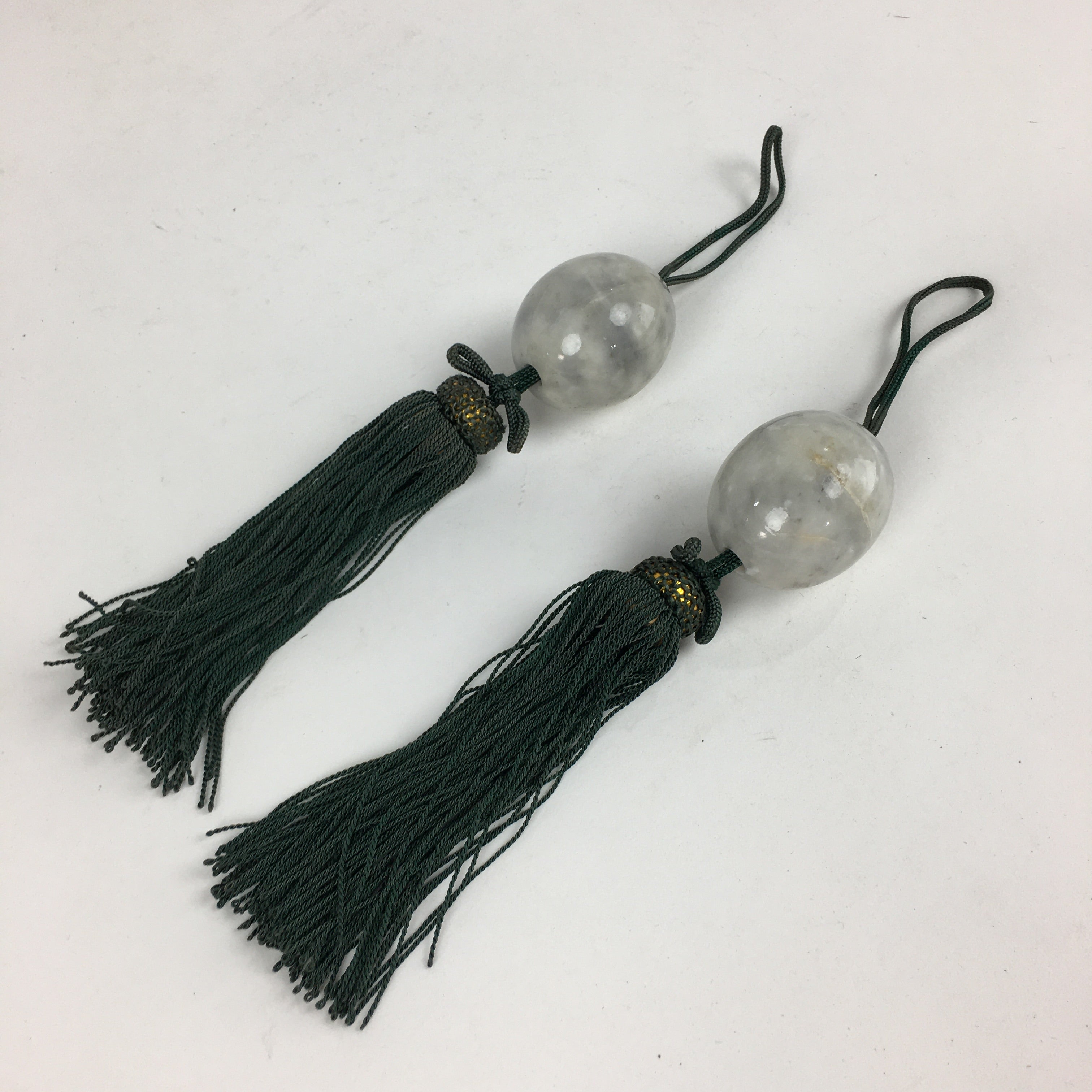 Japanese Hanging Scroll Weights Vtg Fuchin Marble Stone Green Tassel FC294