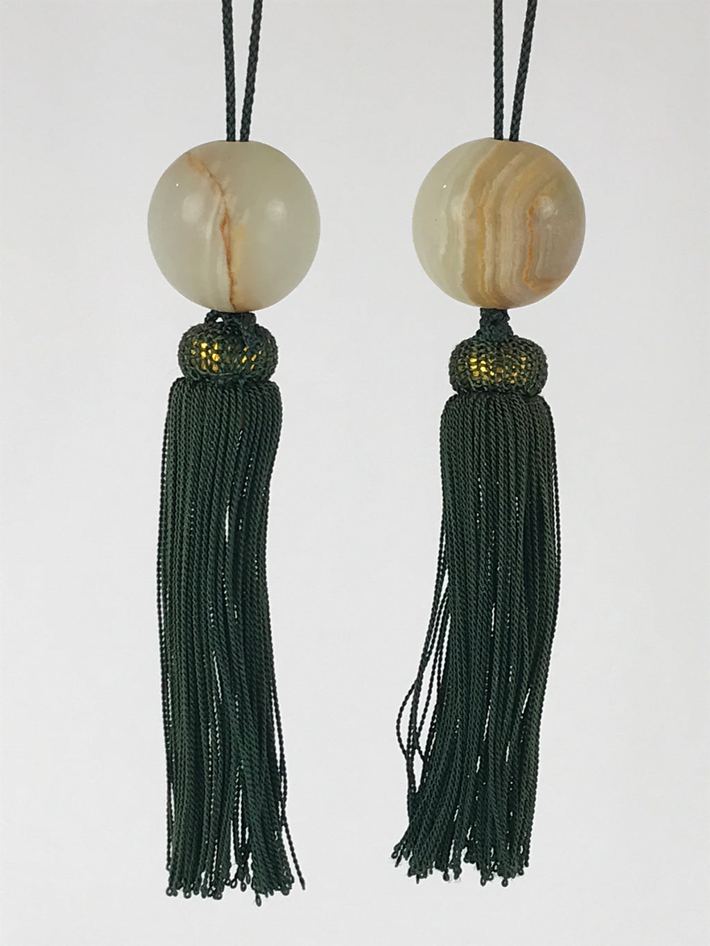 Japanese Hanging Scroll Weights Vtg Fuchin Marble Stone Green Tassel FC302
