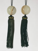 Japanese Hanging Scroll Weights Vtg Fuchin Marble Stone Green Tassel FC302
