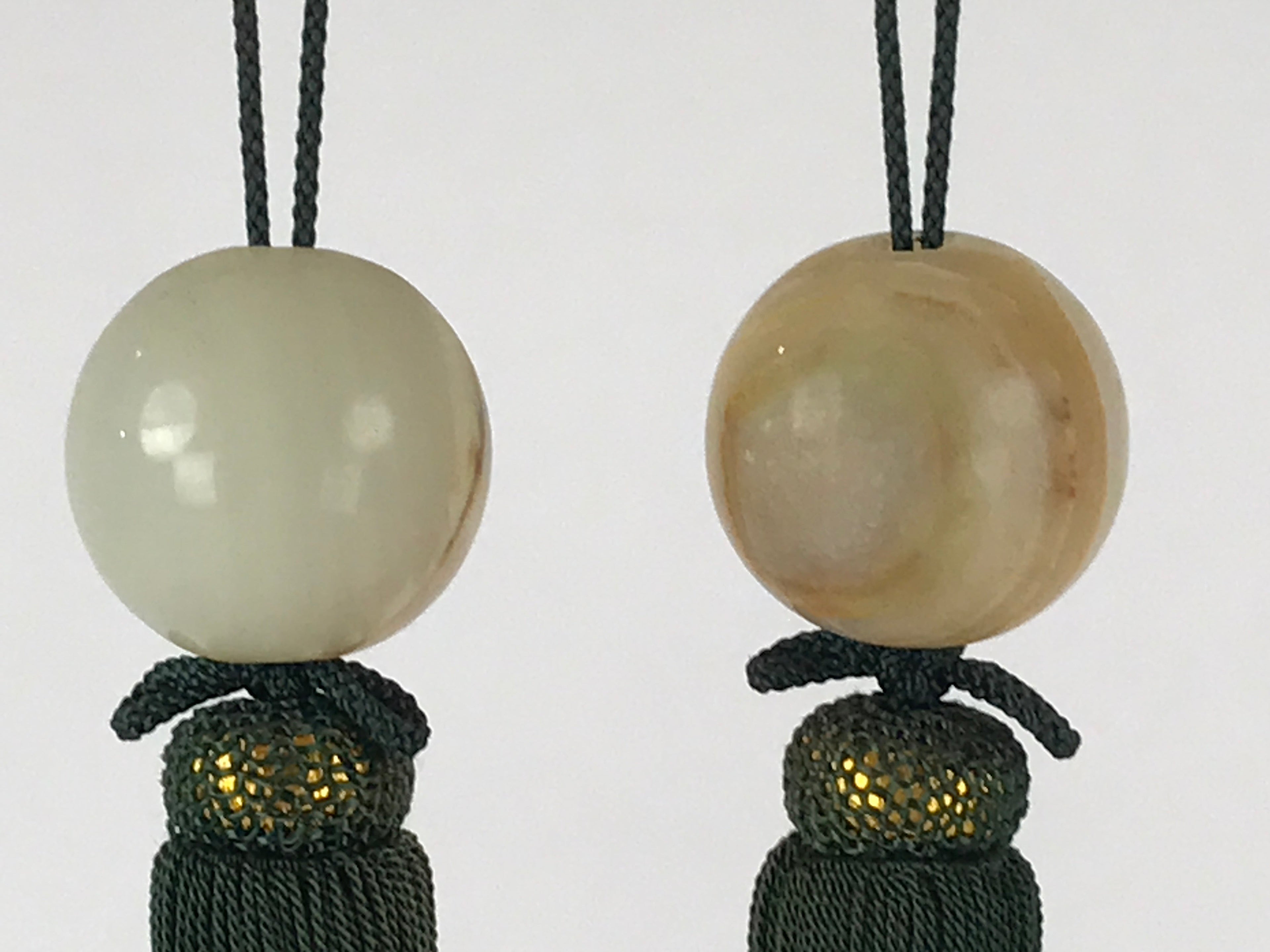 Japanese Hanging Scroll Weights Vtg Fuchin Marble Stone Green Tassel FC302