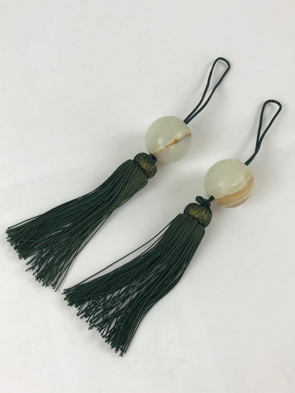 Japanese Hanging Scroll Weights Vtg Fuchin Marble Stone Green Tassel FC302