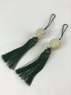 Japanese Hanging Scroll Weights Vtg Fuchin Marble Stone Green Tassel FC302