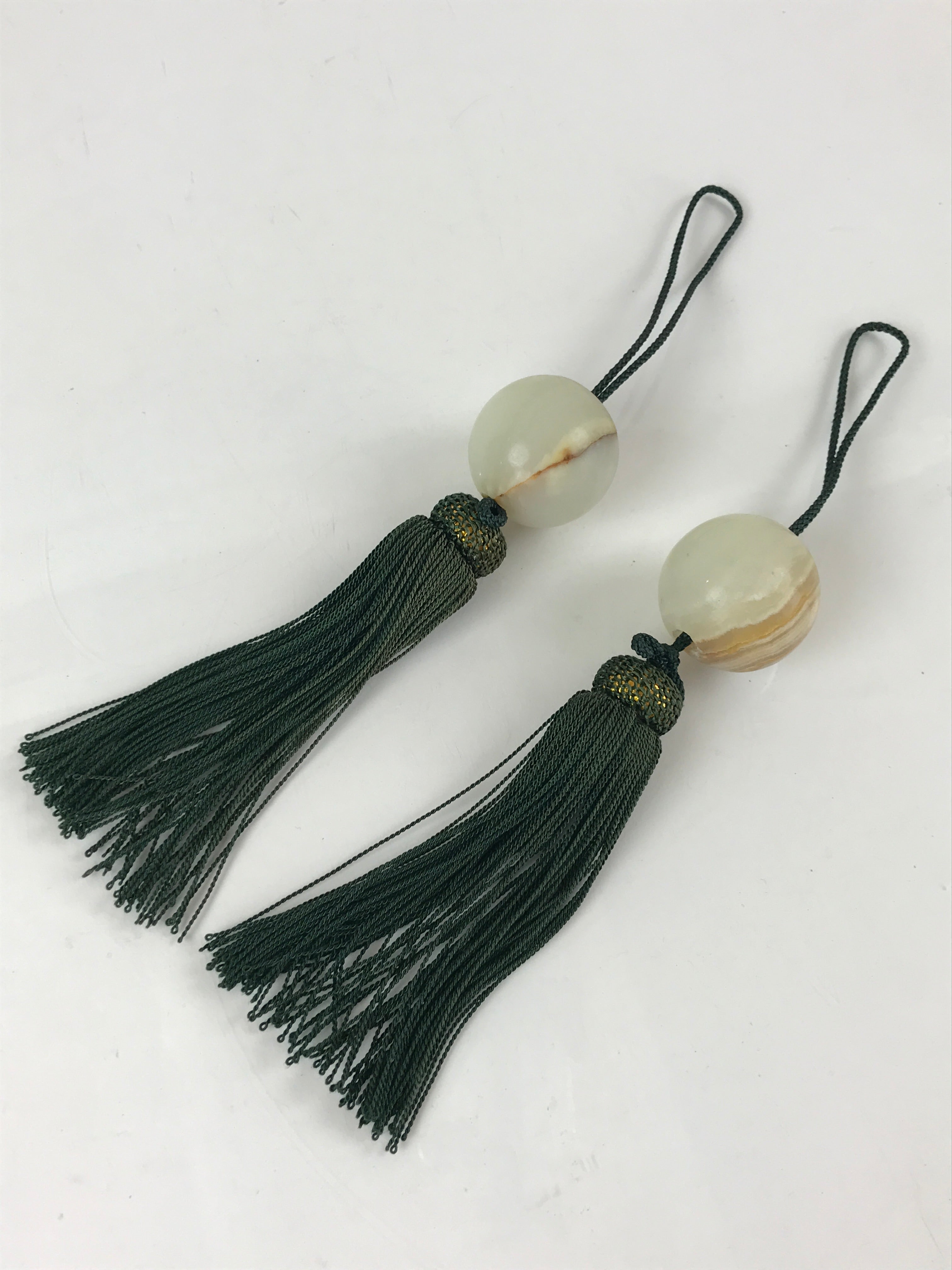 Japanese Hanging Scroll Weights Vtg Fuchin Marble Stone Green Tassel FC302