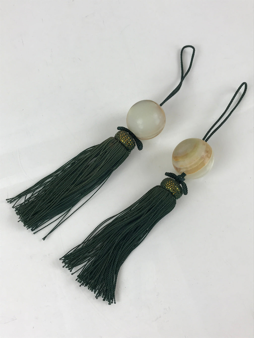 Japanese Hanging Scroll Weights Vtg Fuchin Marble Stone Green Tassel FC302