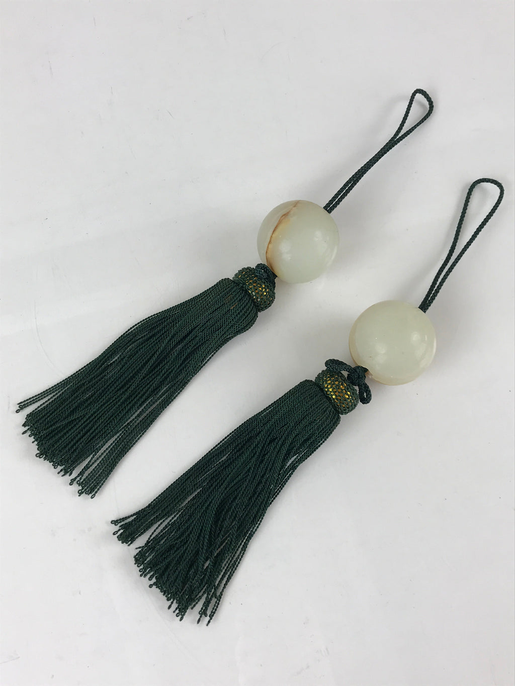 Japanese Hanging Scroll Weights Vtg Fuchin Marble Stone Green Tassel FC302