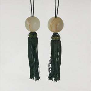 Japanese Hanging Scroll Weights Vtg Fuchin Marble Stone Green Tassel FC302