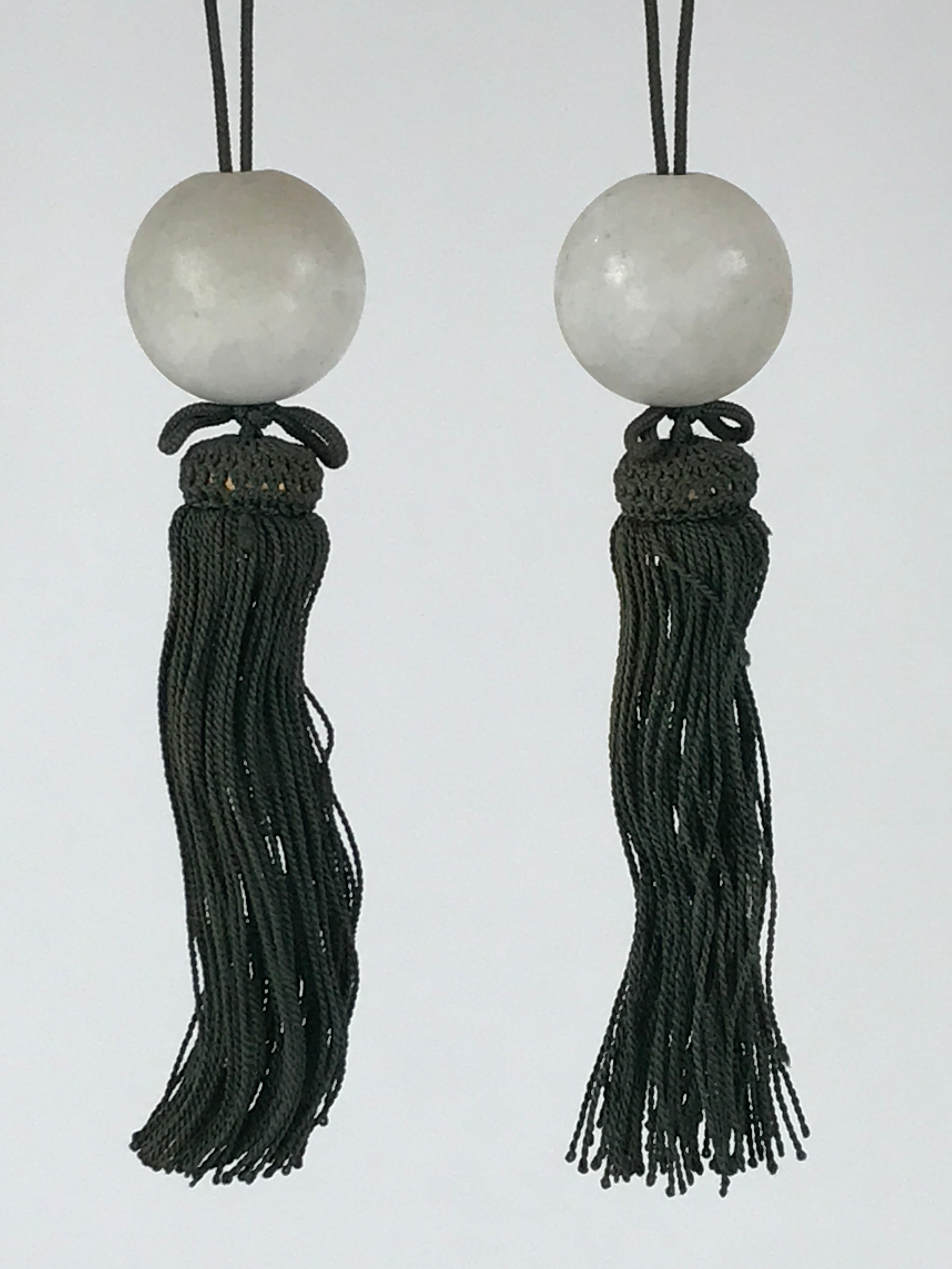 Japanese Hanging Scroll Weights Vtg Fuchin Marble Stone Green Tassel FC303
